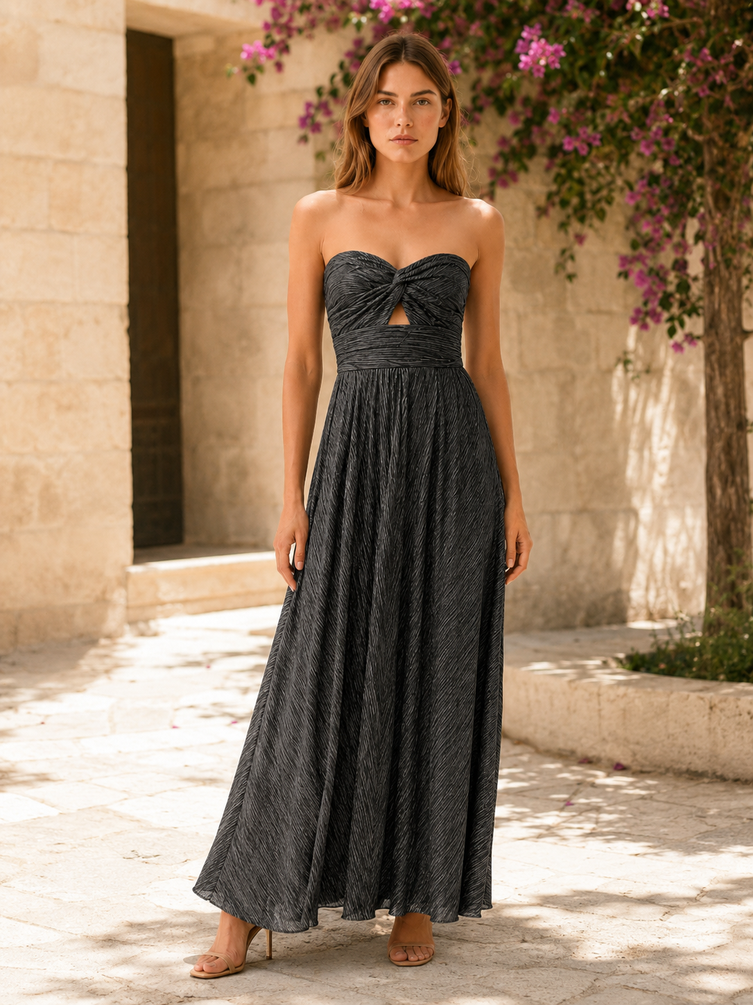 Linnea | Metallic Maxi Dress with Strapless Pleated Design