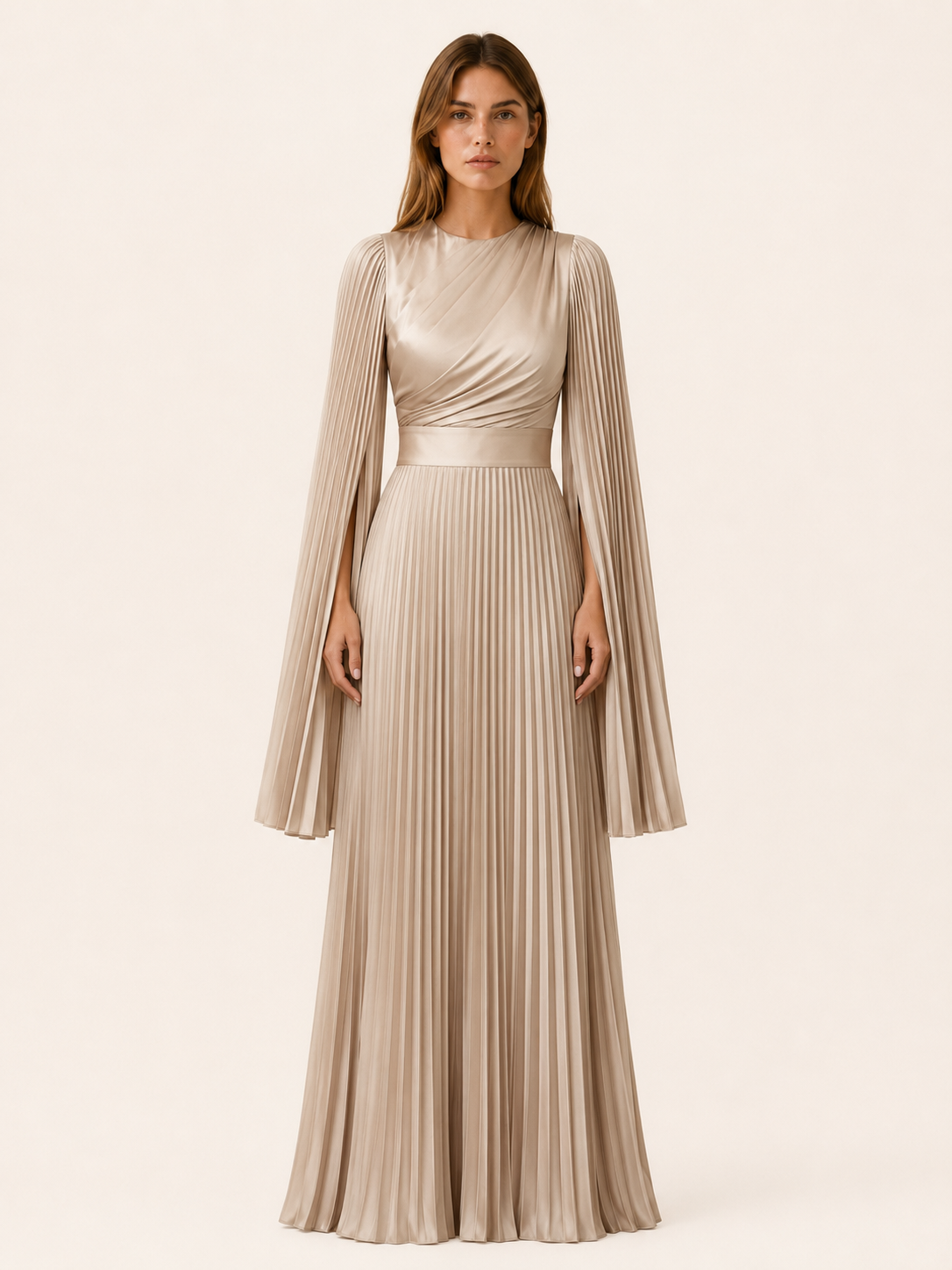 Lorvessa | Pleated Satin Maxi Gown with Split Sleeves