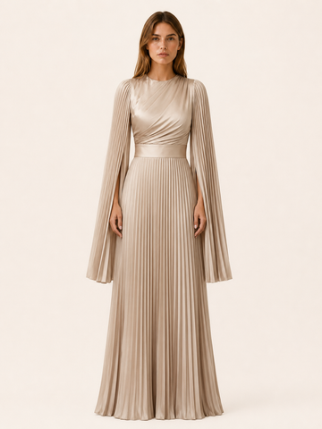 Lorvessa | Pleated Satin Maxi Gown with Split Sleeves