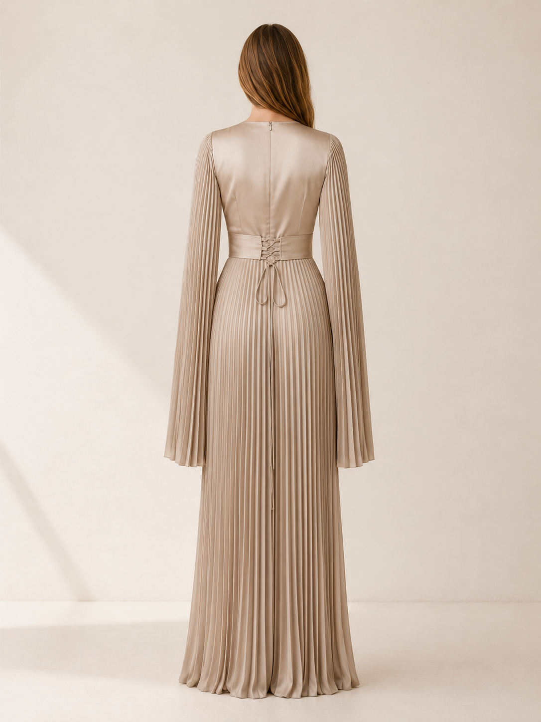Lorvessa | Pleated Satin Maxi Gown with Split Sleeves