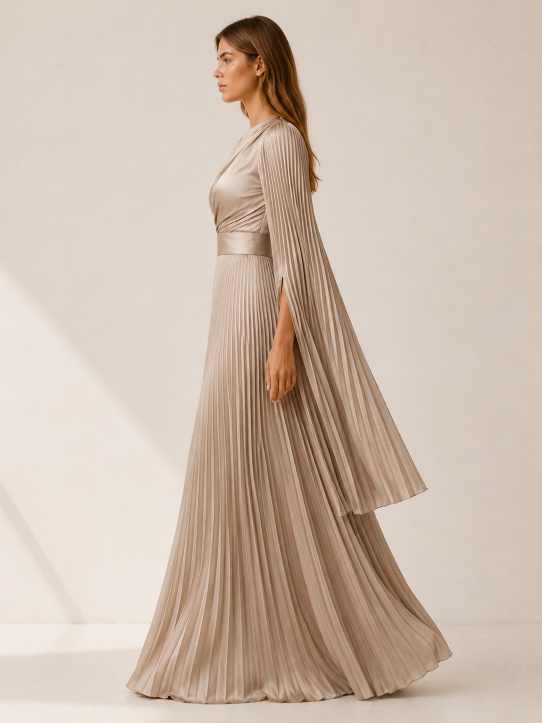 Lorvessa | Pleated Satin Maxi Gown with Split Sleeves