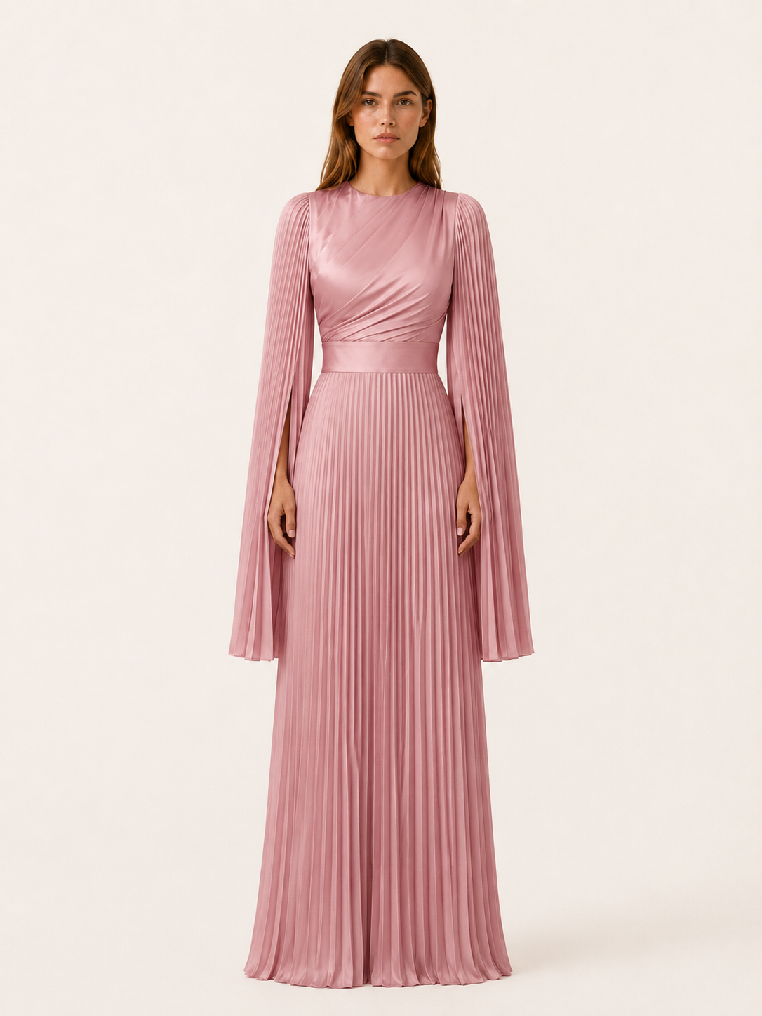 Lorvessa | Pleated Satin Maxi Gown with Split Sleeves