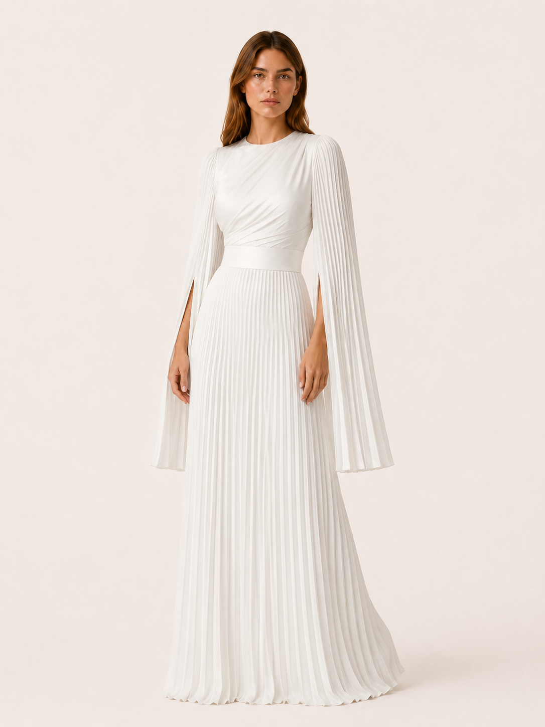Lorvessa | Pleated Satin Maxi Gown with Split Sleeves