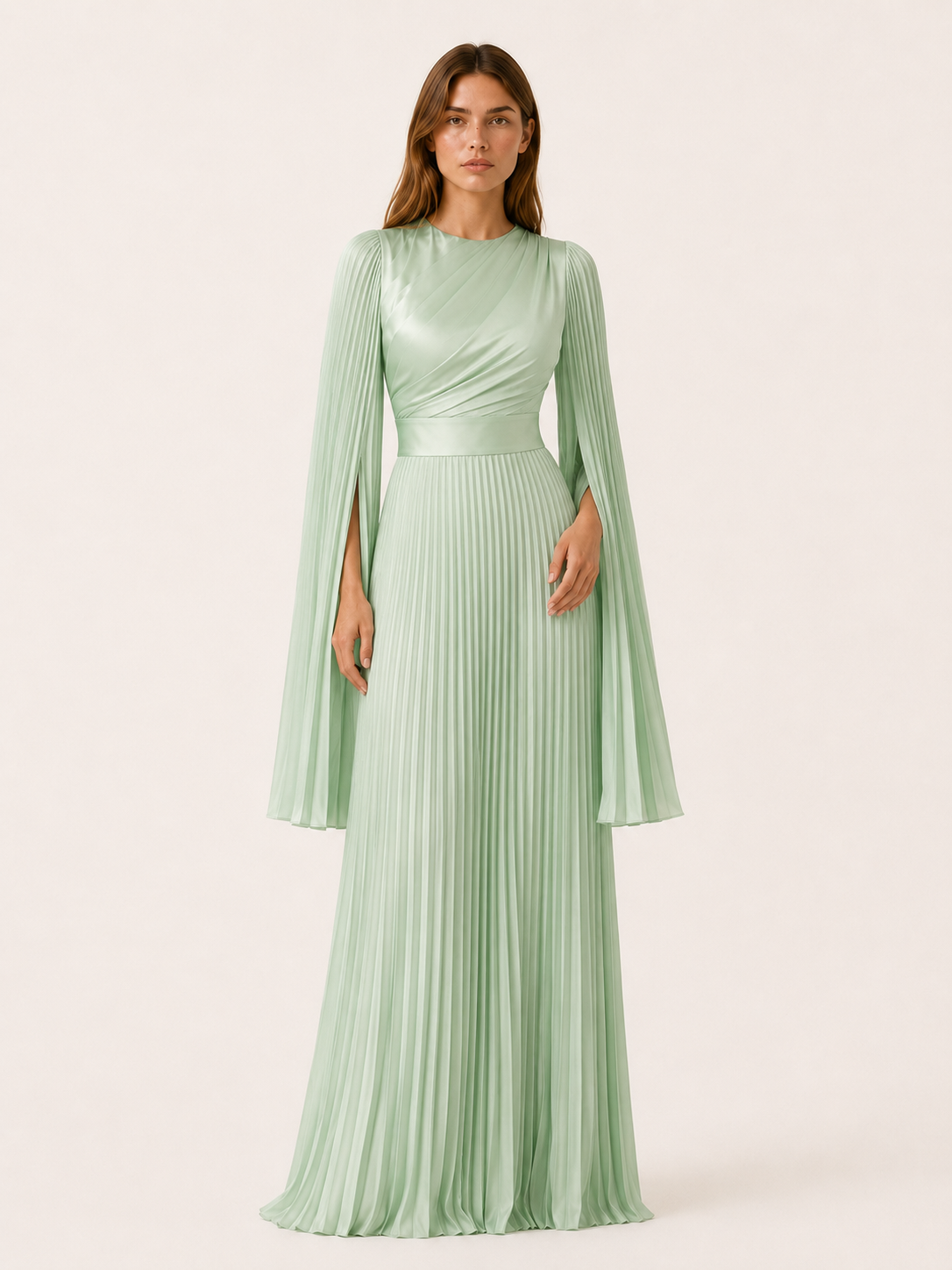 Lorvessa | Pleated Satin Maxi Gown with Split Sleeves