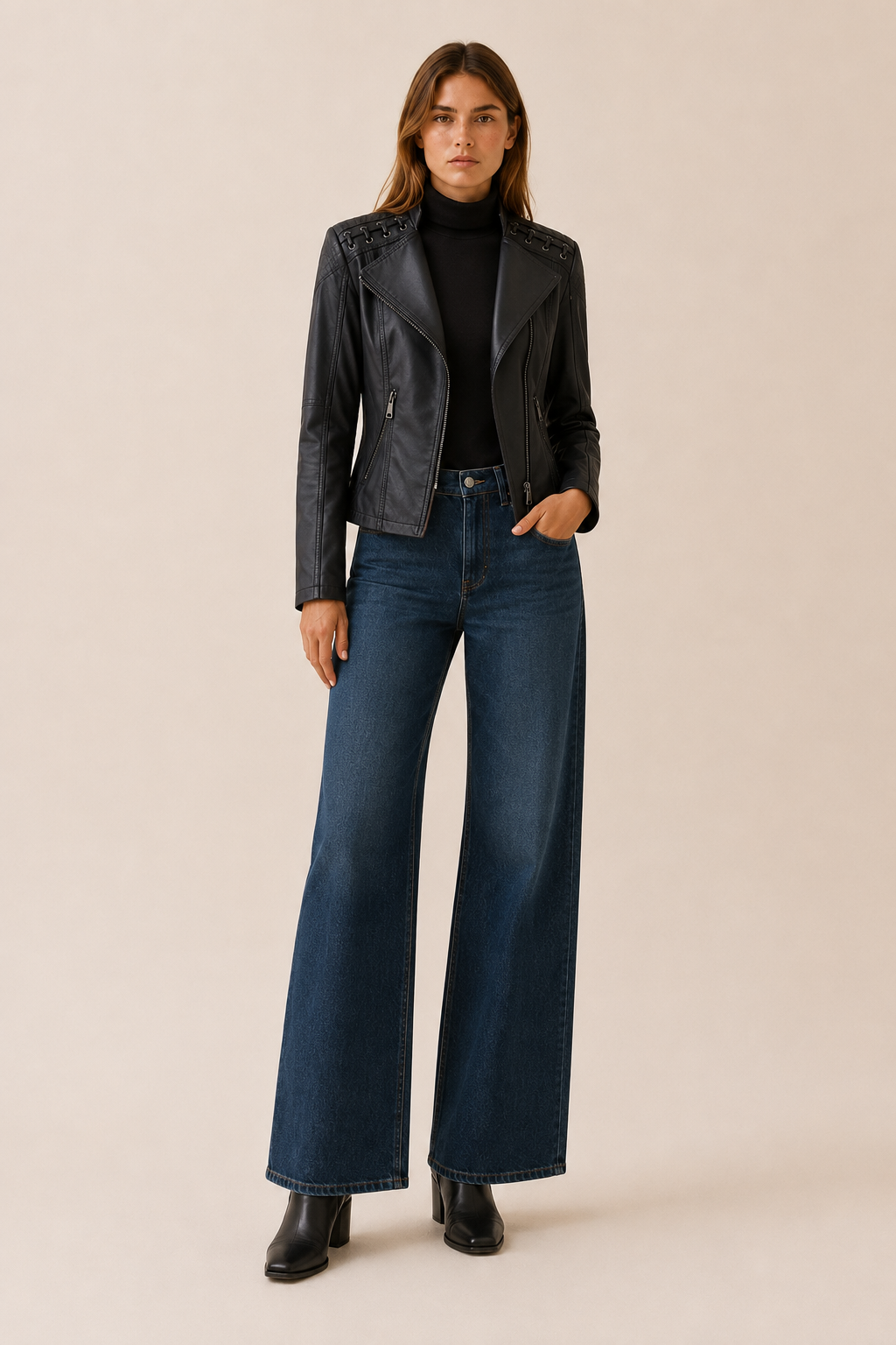 Lucienne | Women's Leather-Look Biker Jacket with Lace-Up Detail