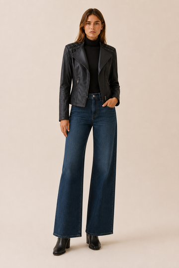 Lucienne | Women's Leather-Look Biker Jacket with Lace-Up Detail