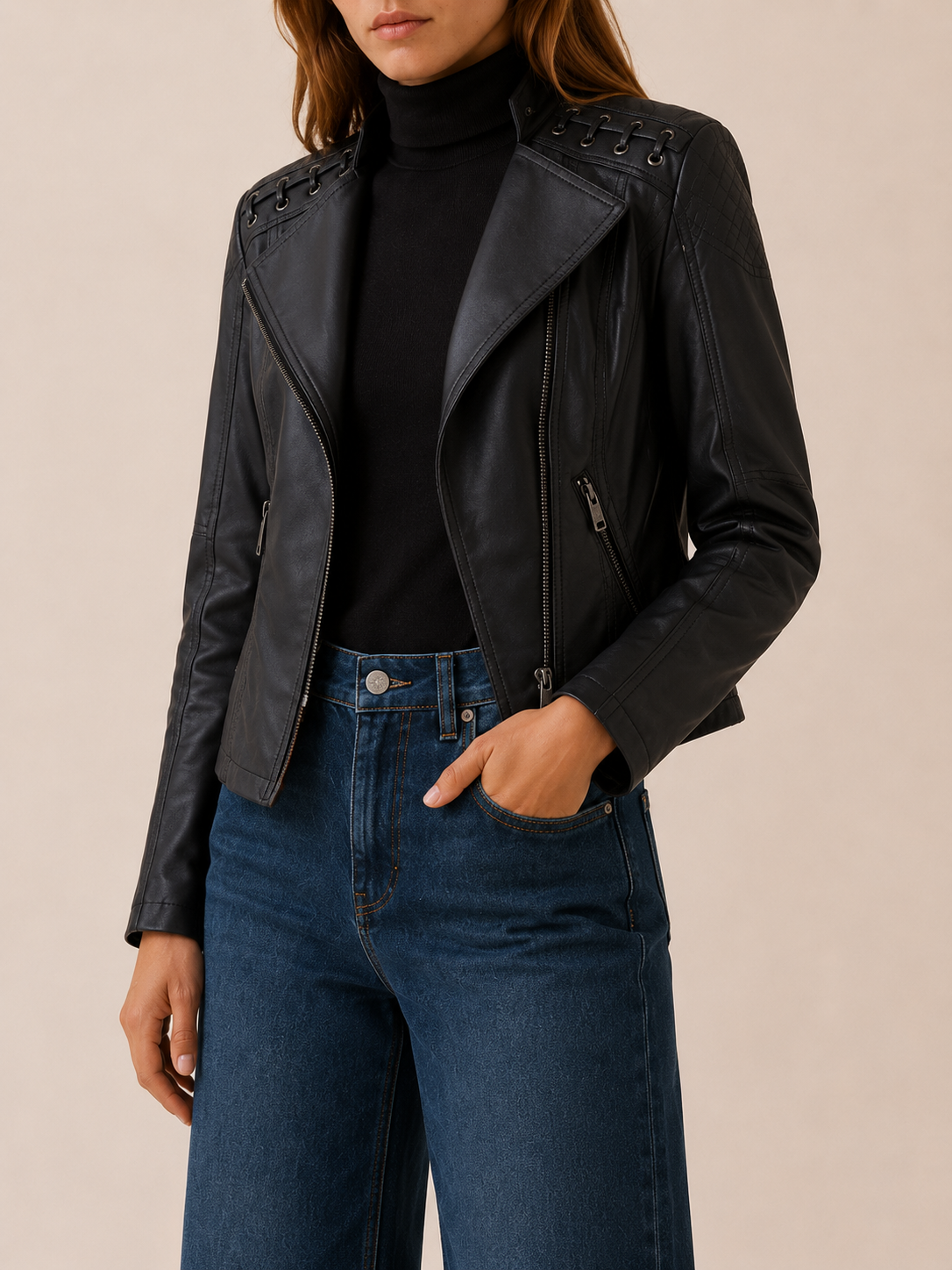 Lucienne | Women's Leather-Look Biker Jacket with Lace-Up Detail