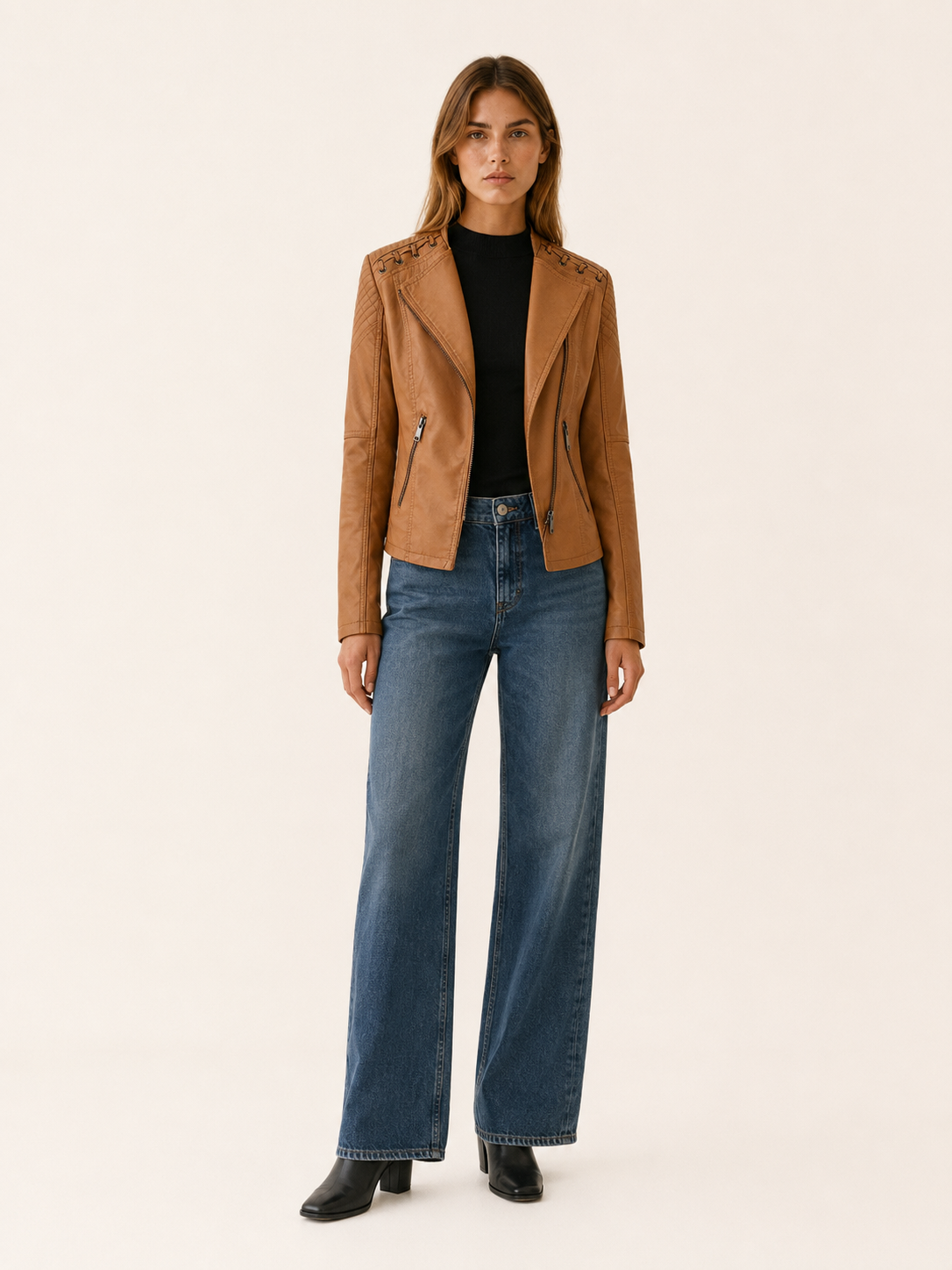 Lucienne | Women's Leather-Look Biker Jacket with Lace-Up Detail