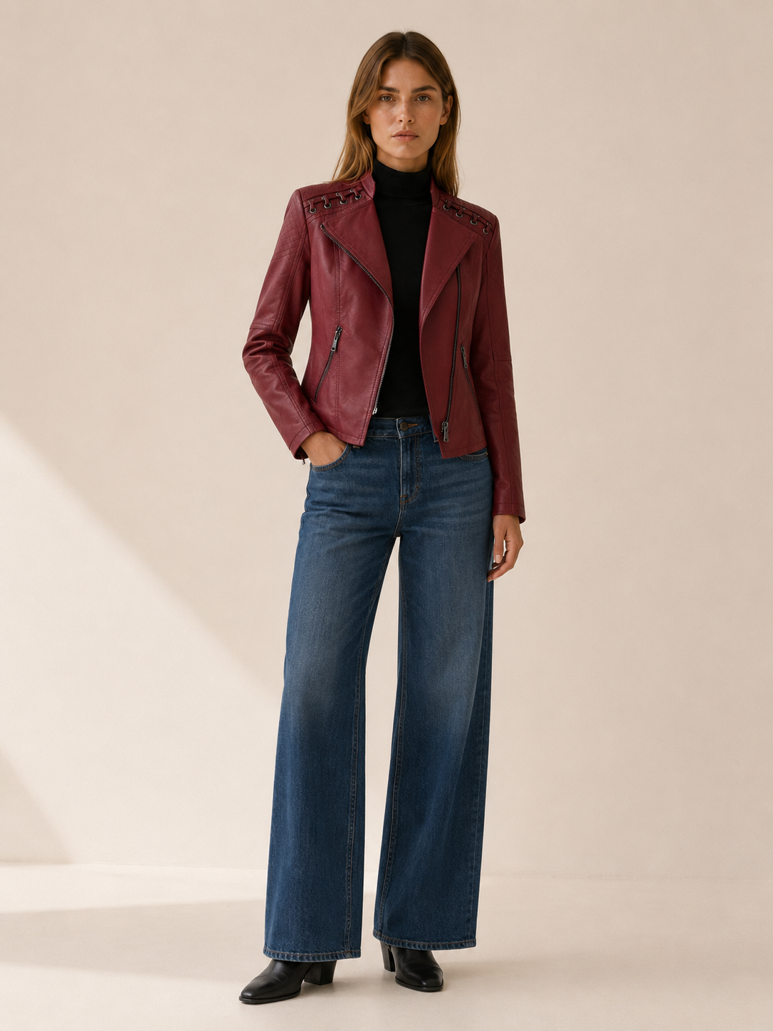 Lucienne | Women's Leather-Look Biker Jacket with Lace-Up Detail