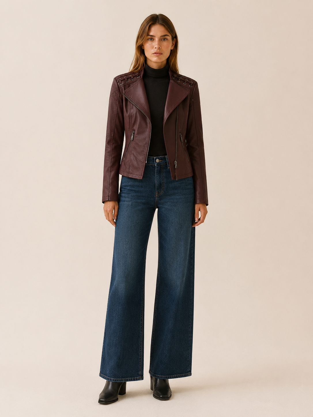 Lucienne | Women's Leather-Look Biker Jacket with Lace-Up Detail