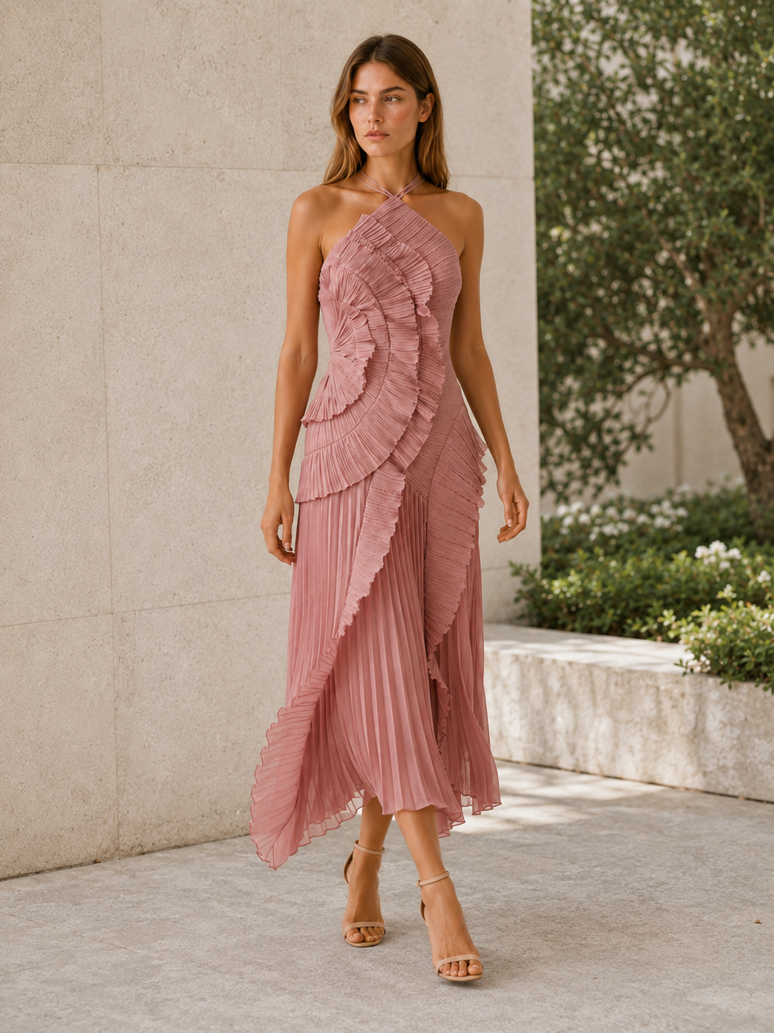 Luna | Halter Neck Maxi Dress with Ruffle Detail
