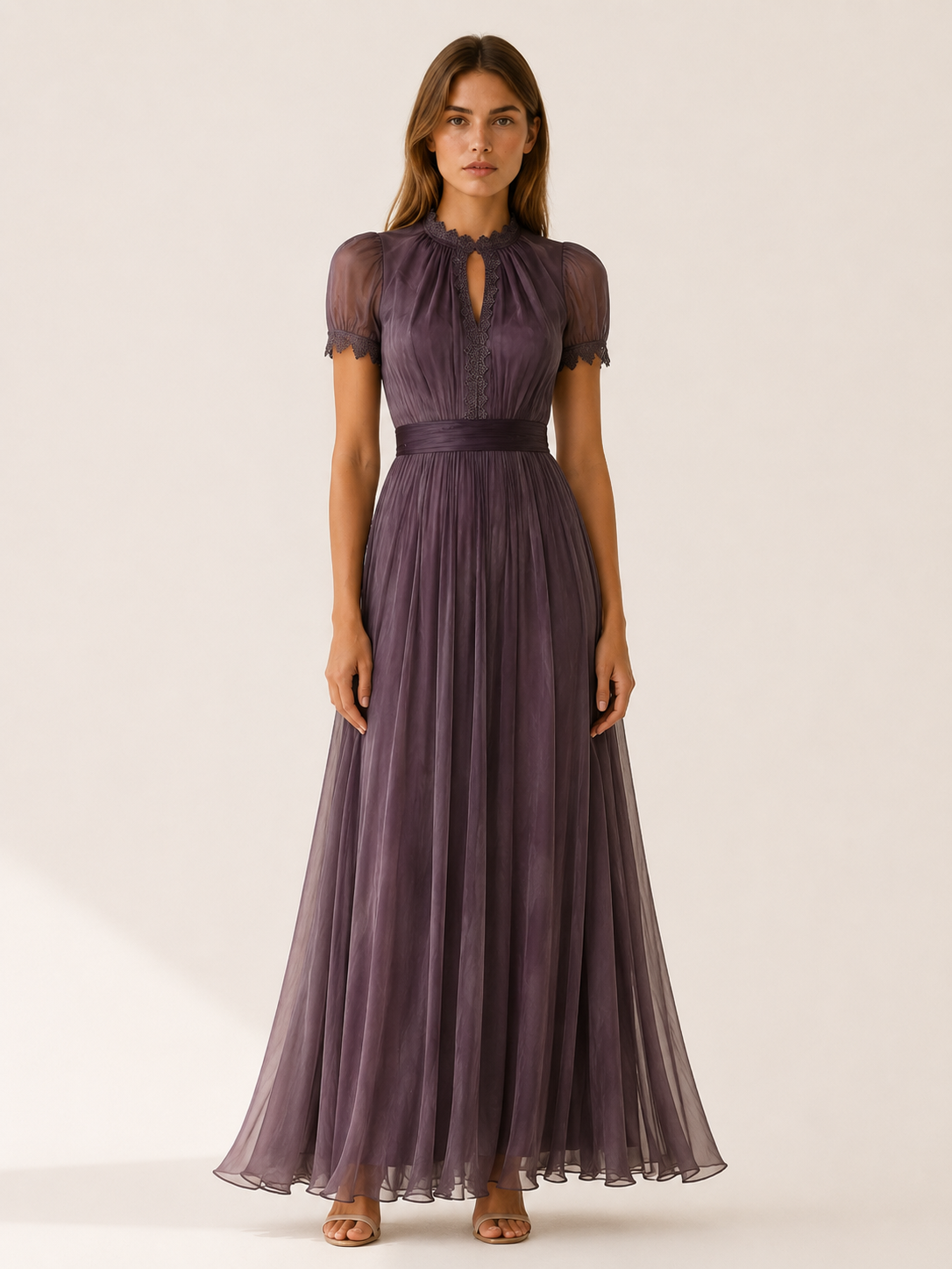 Lunelle | Chiffon Maxi Dress with Lace Trim Flowing Skirt