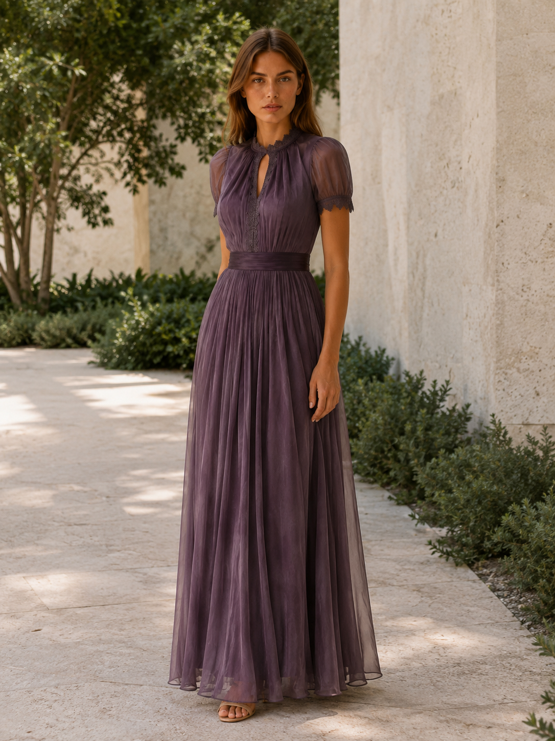 Lunelle | Chiffon Maxi Dress with Lace Trim Flowing Skirt