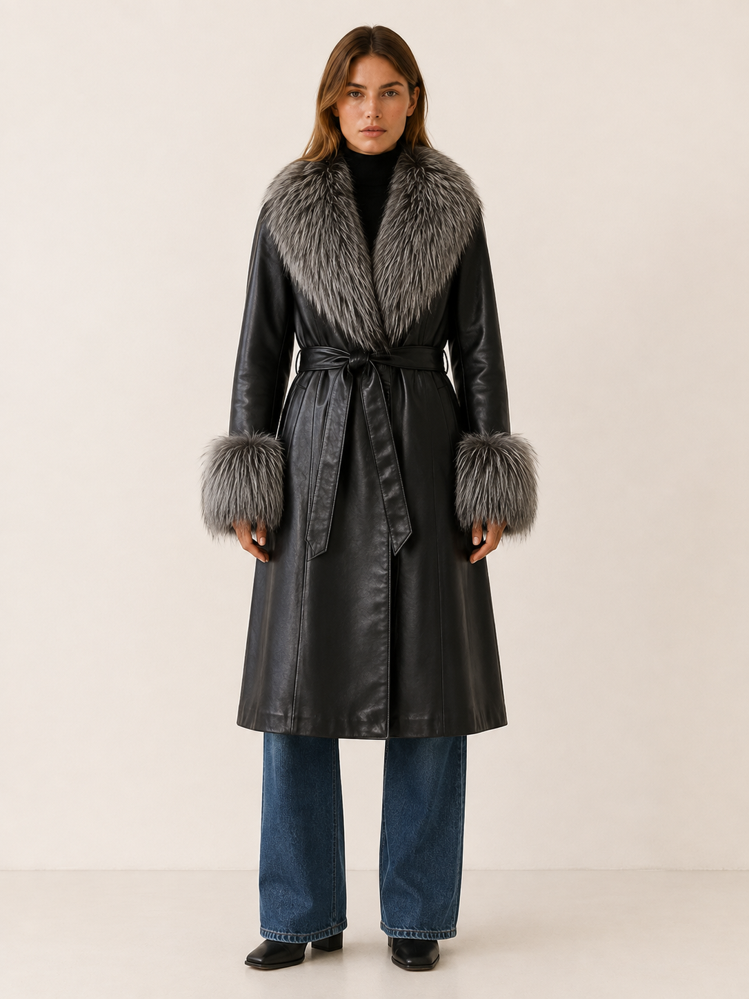 Mared | Women’s Long Coat with Belt and Textured Trim