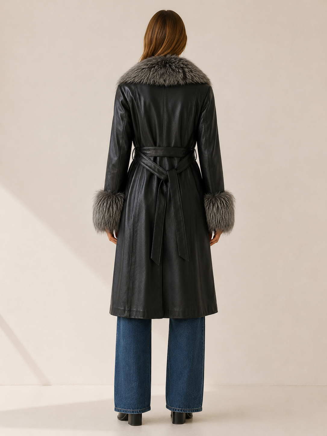 Mared | Women’s Long Coat with Belt and Textured Trim