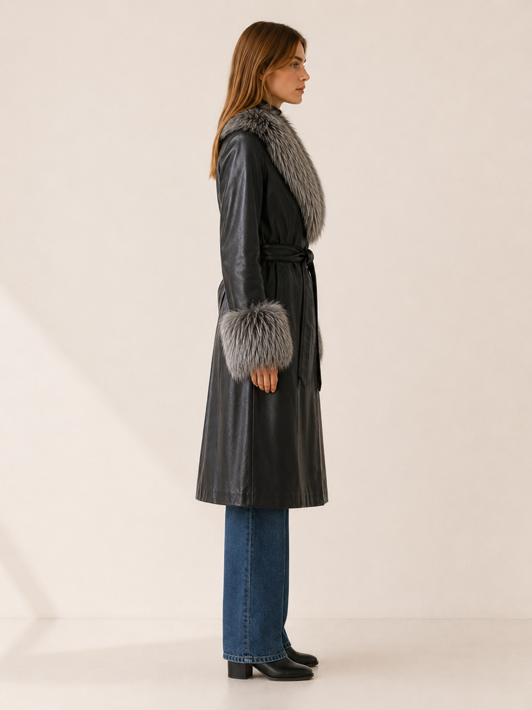 Mared | Women’s Long Coat with Belt and Textured Trim