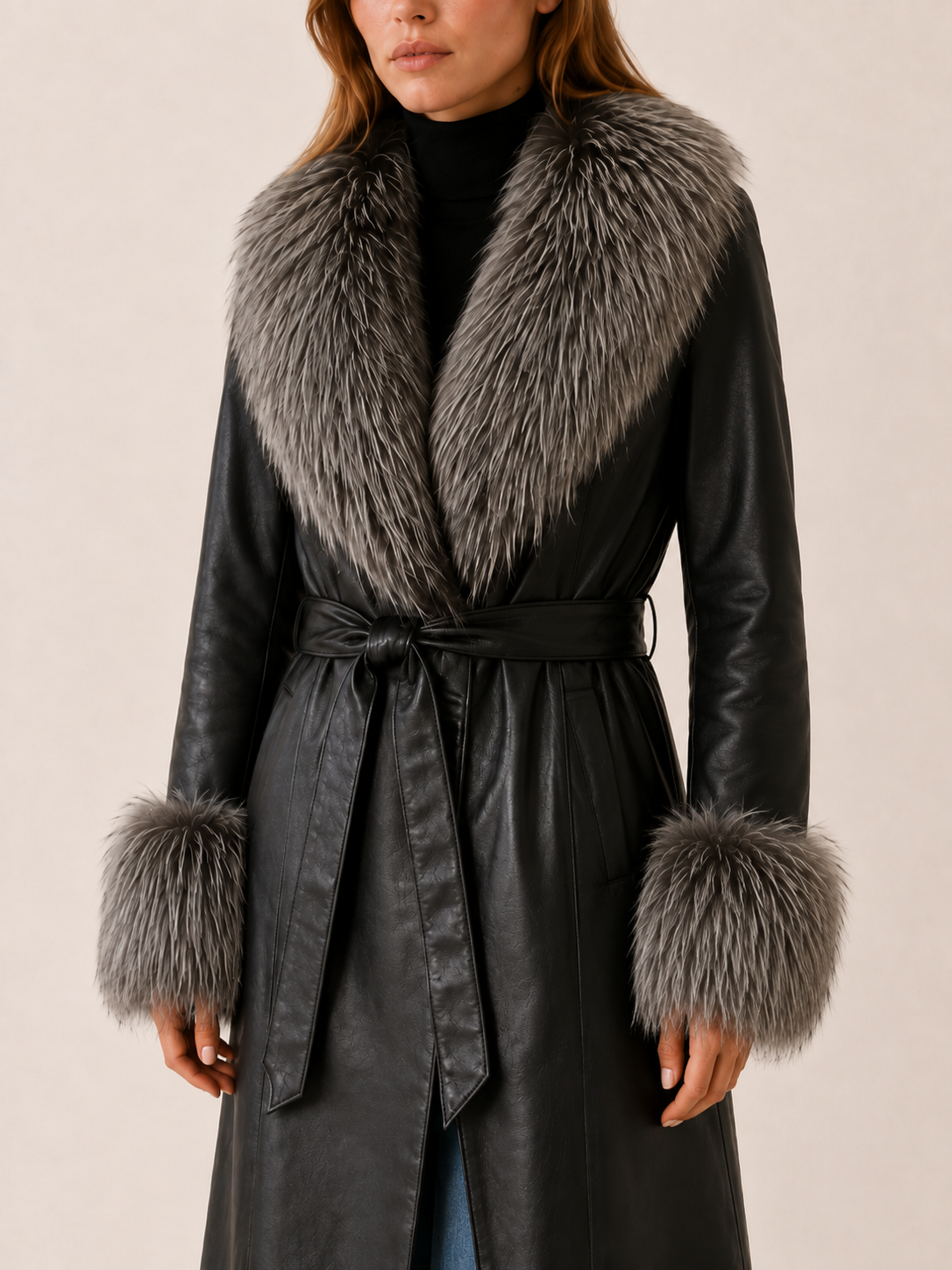 Mared | Women’s Long Coat with Belt and Textured Trim