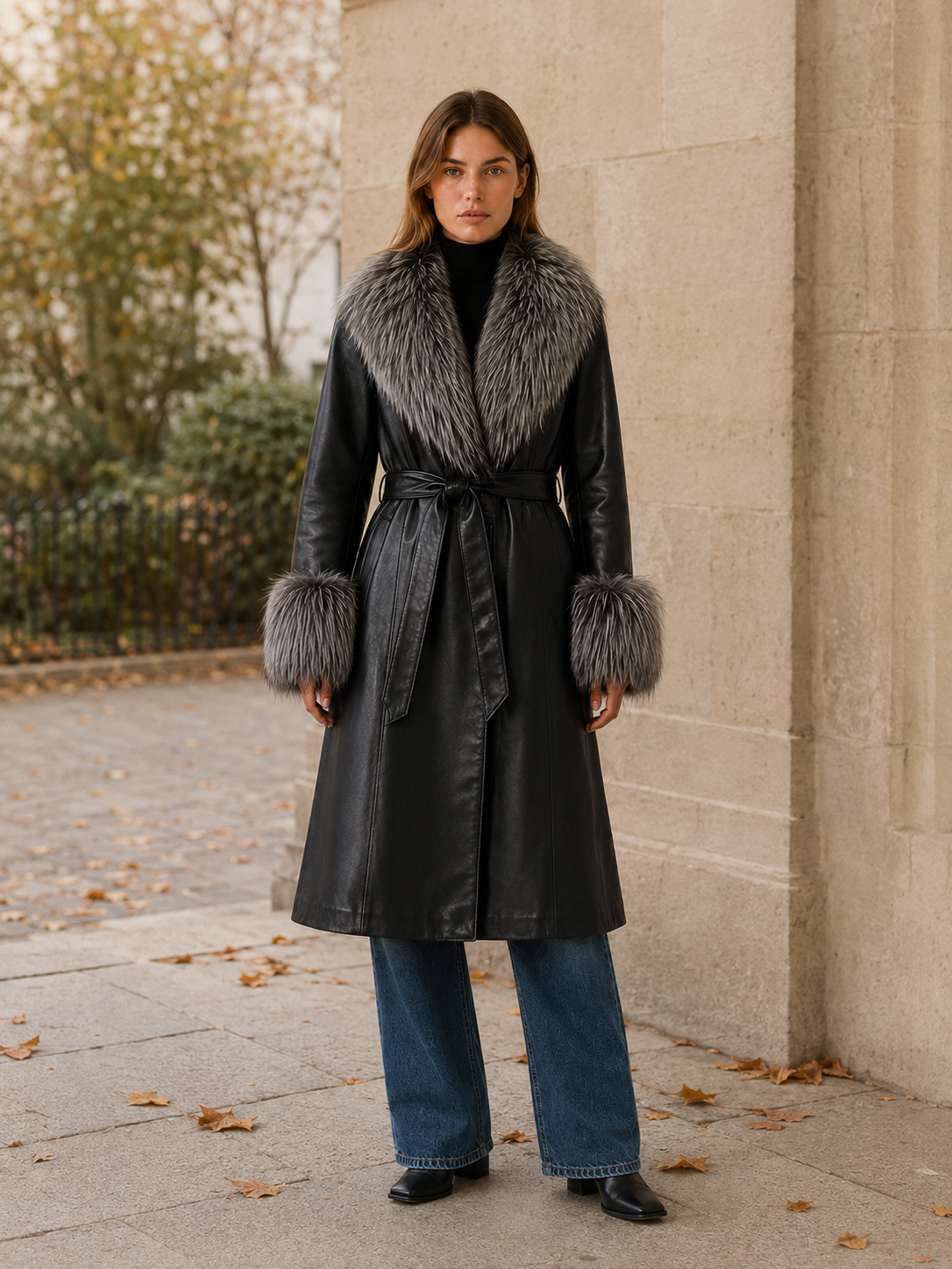 Mared | Women’s Long Coat with Belt and Textured Trim