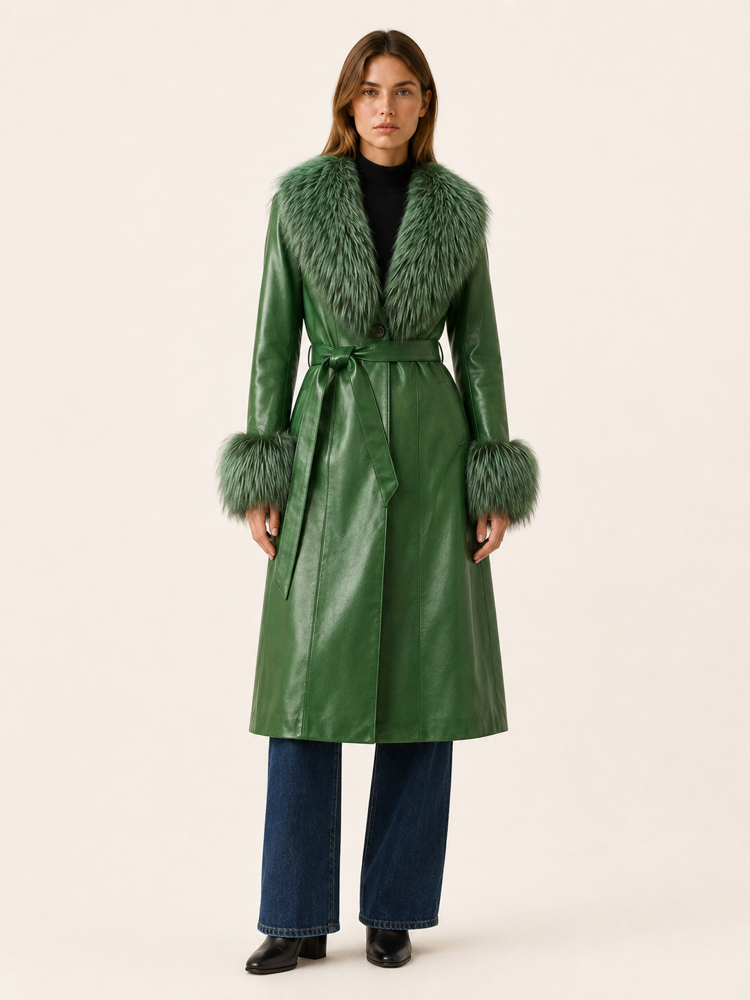Mared | Women’s Long Coat with Belt and Textured Trim