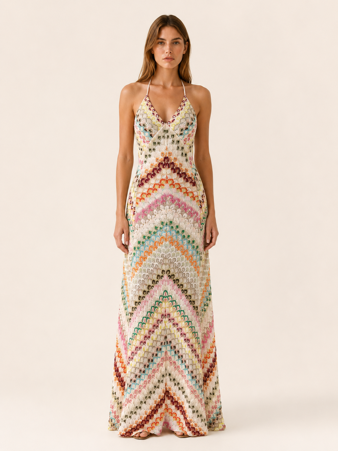 Maren | Crochet Maxi Dress with Chevron Pattern and V Neck
