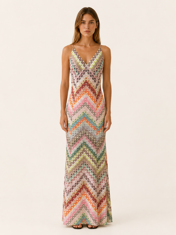 Maren | Crochet Maxi Dress with Chevron Pattern and V Neck