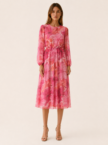 Maren | Floral Midi Dress with Sheer Long Sleeves