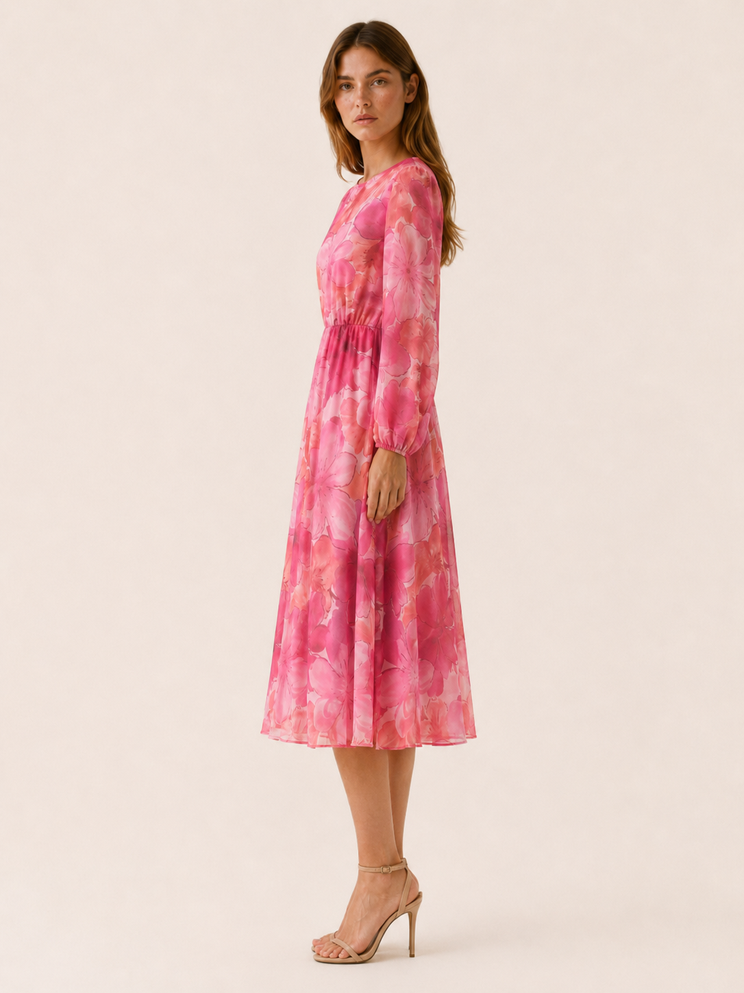 Maren | Floral Midi Dress with Sheer Long Sleeves