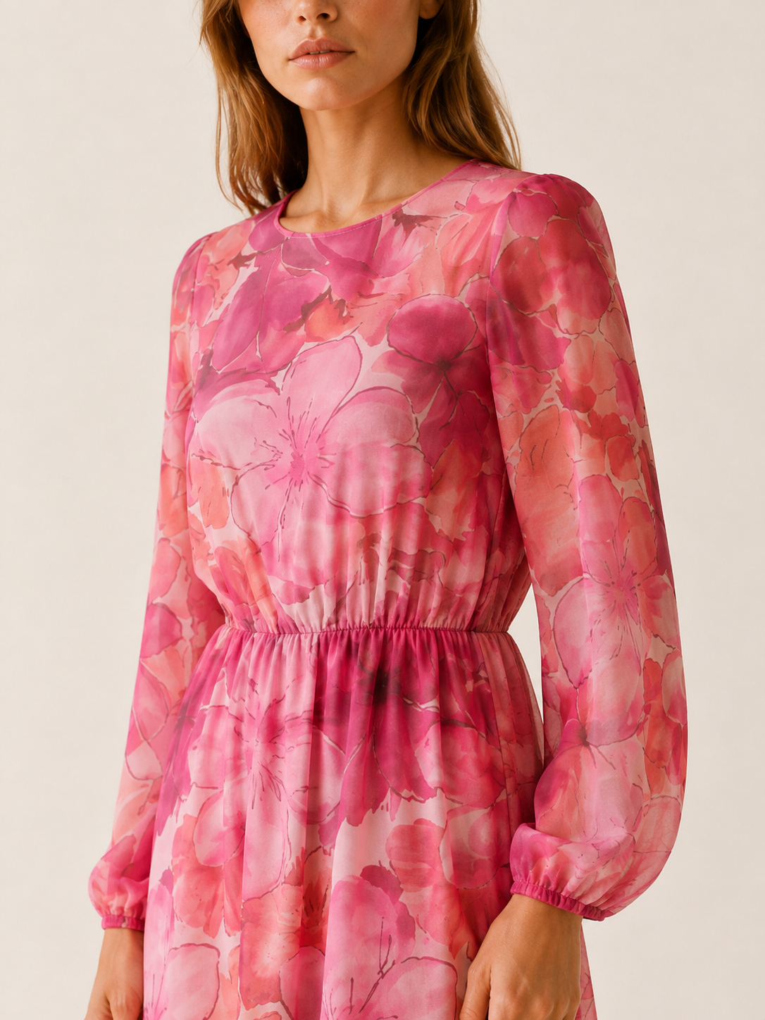 Maren | Floral Midi Dress with Sheer Long Sleeves