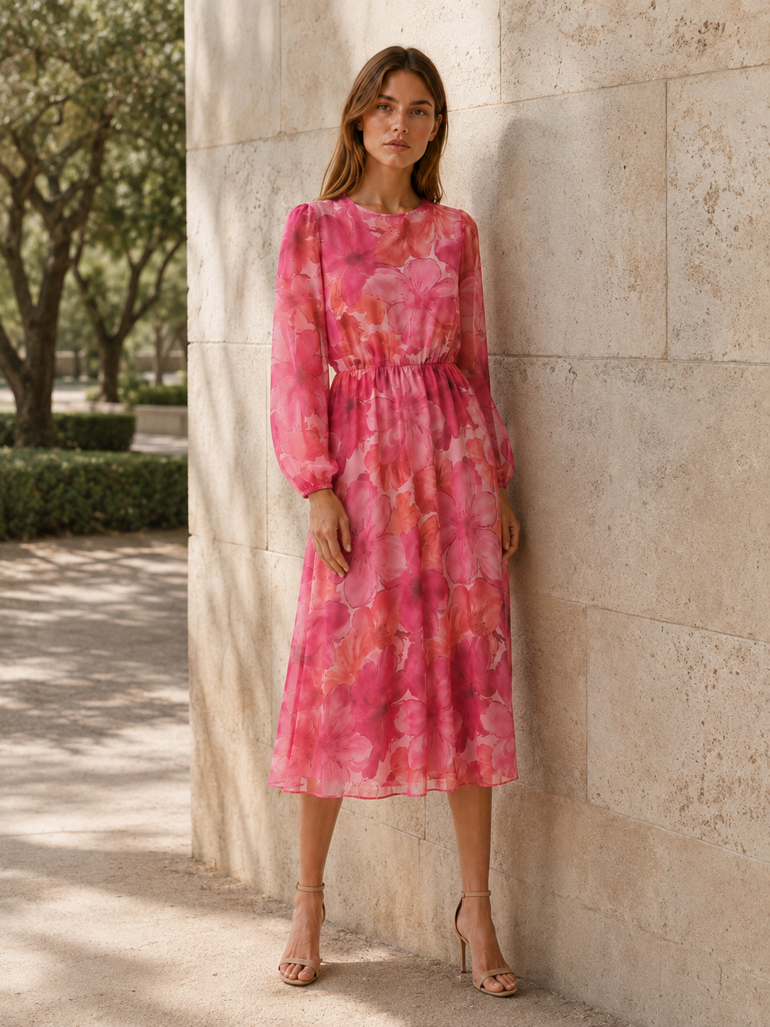 Maren | Floral Midi Dress with Sheer Long Sleeves