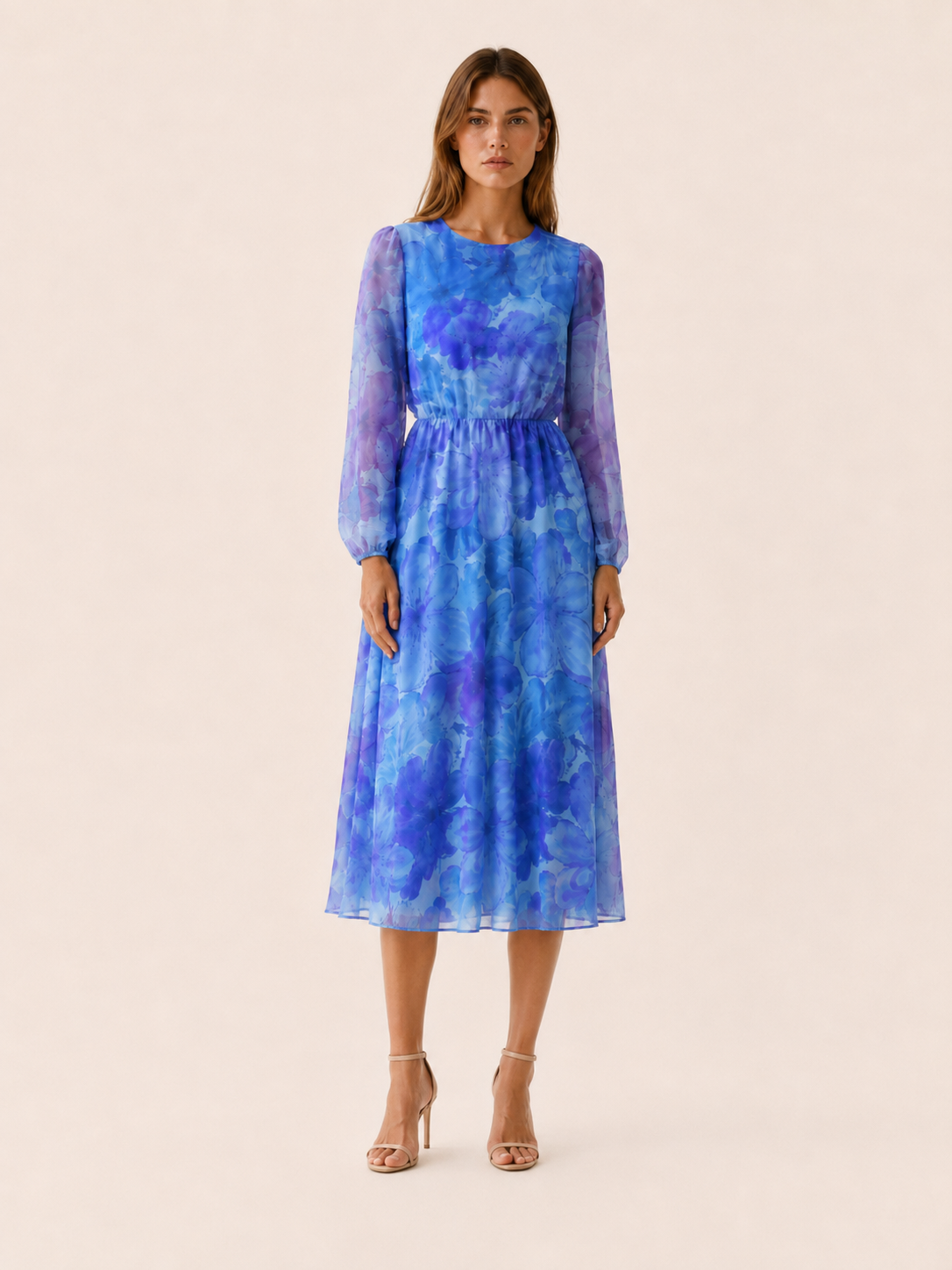 Maren | Floral Midi Dress with Sheer Long Sleeves