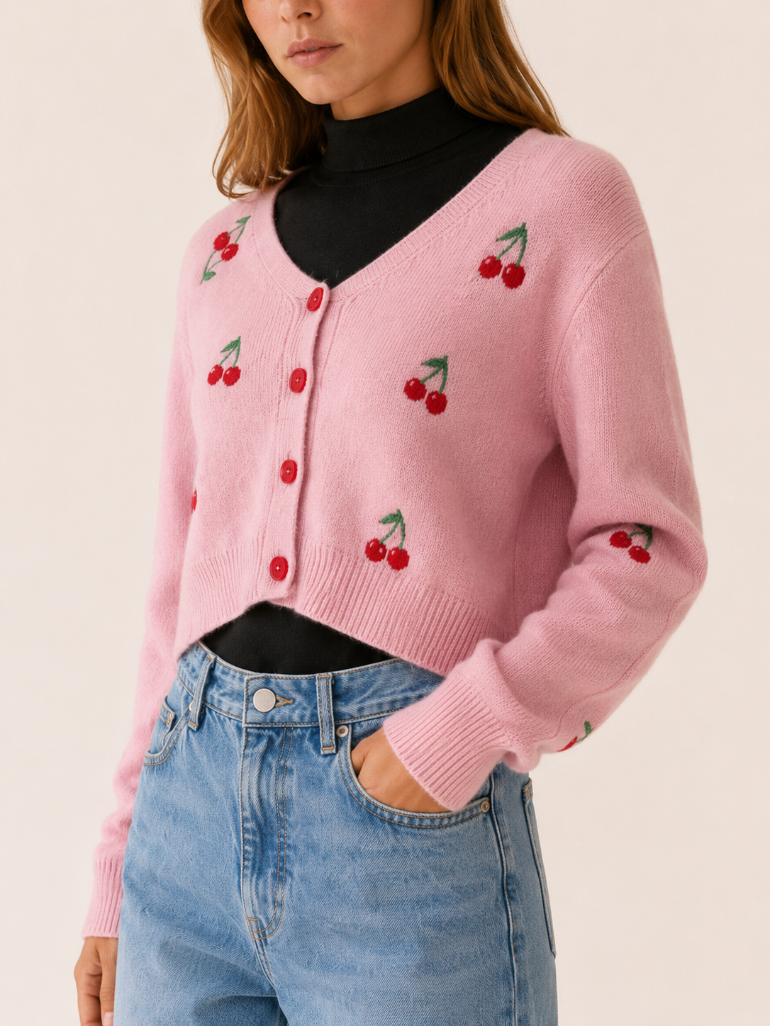 Maris | Cropped Cherry Cardigan with Button Front
