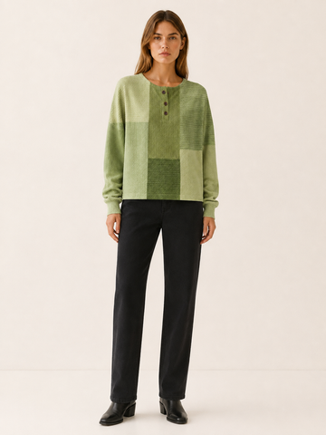 Marovelle | Women's Textured Panel Button Neck Jumper