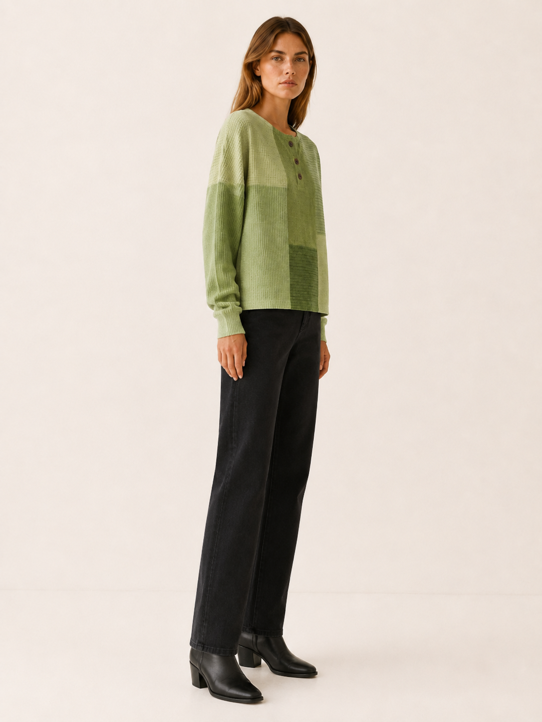 Marovelle | Women's Textured Panel Button Neck Jumper