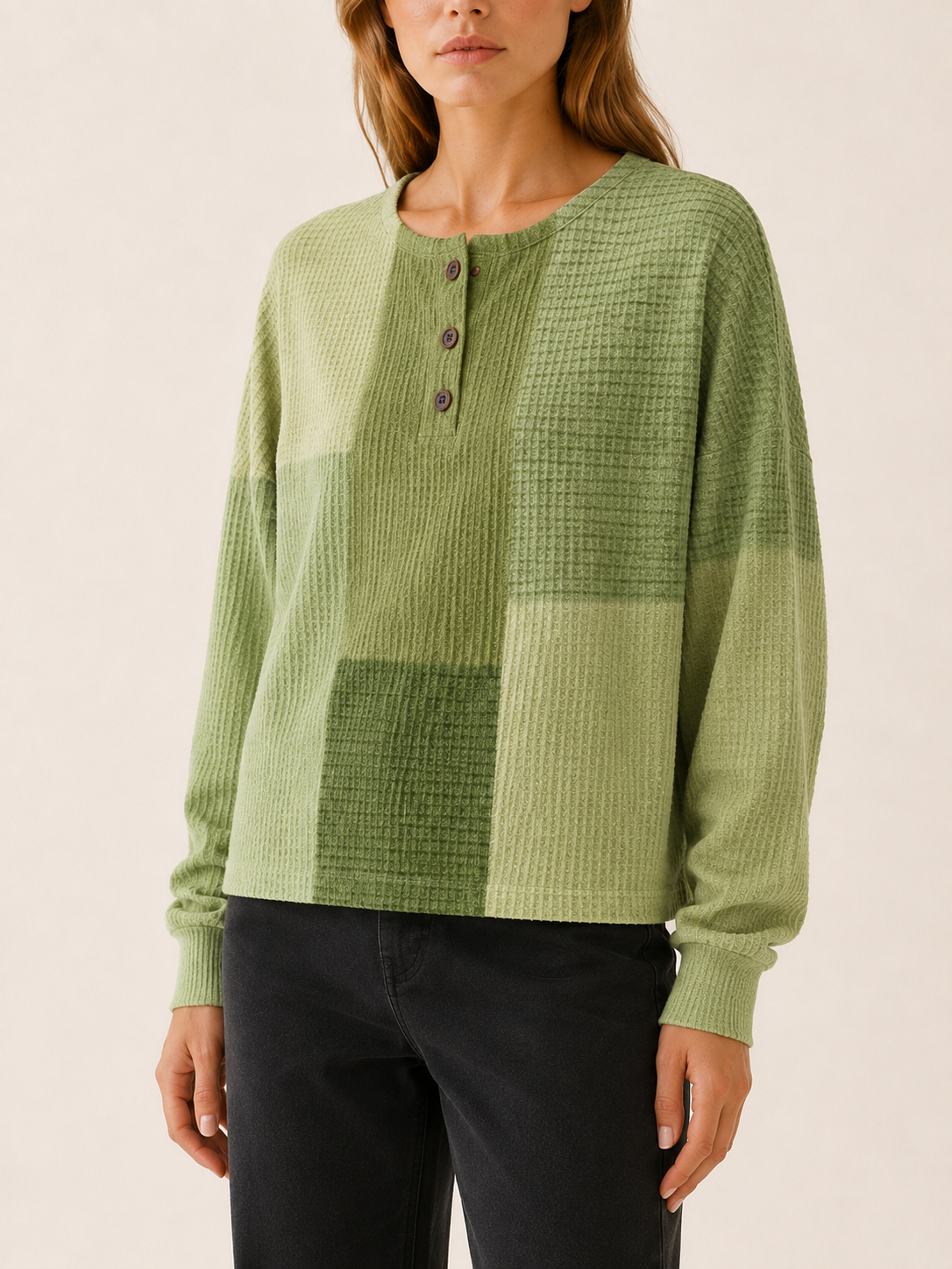 Marovelle | Women's Textured Panel Button Neck Jumper