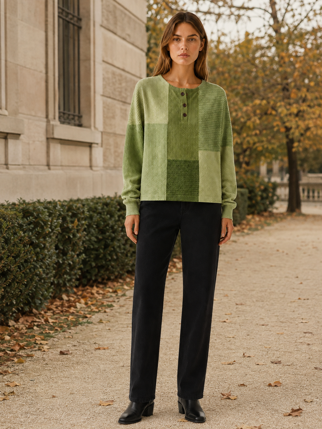 Marovelle | Women's Textured Panel Button Neck Jumper
