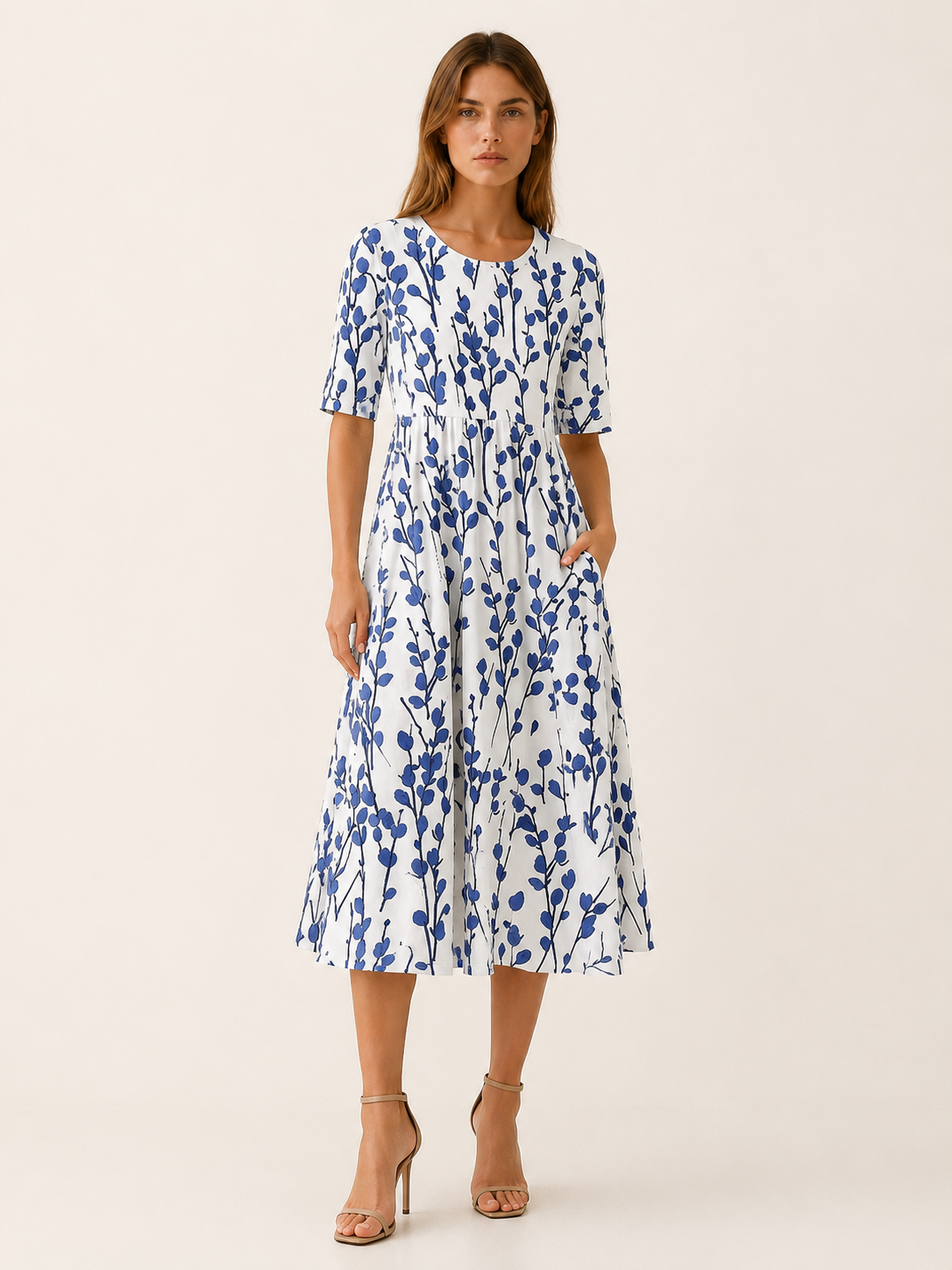 Melina | Botanical Print Midi Dress with Pockets
