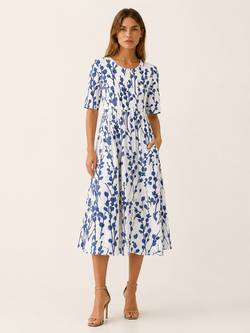 Melina | Botanical Print Midi Dress with Pockets