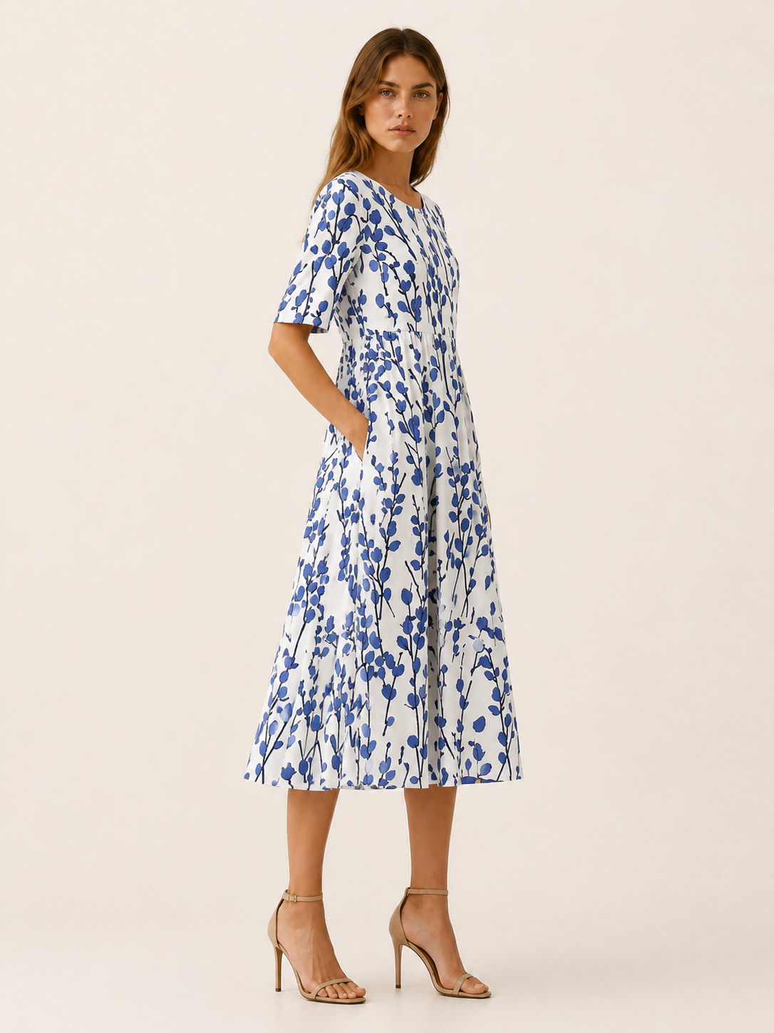 Melina | Botanical Print Midi Dress with Pockets