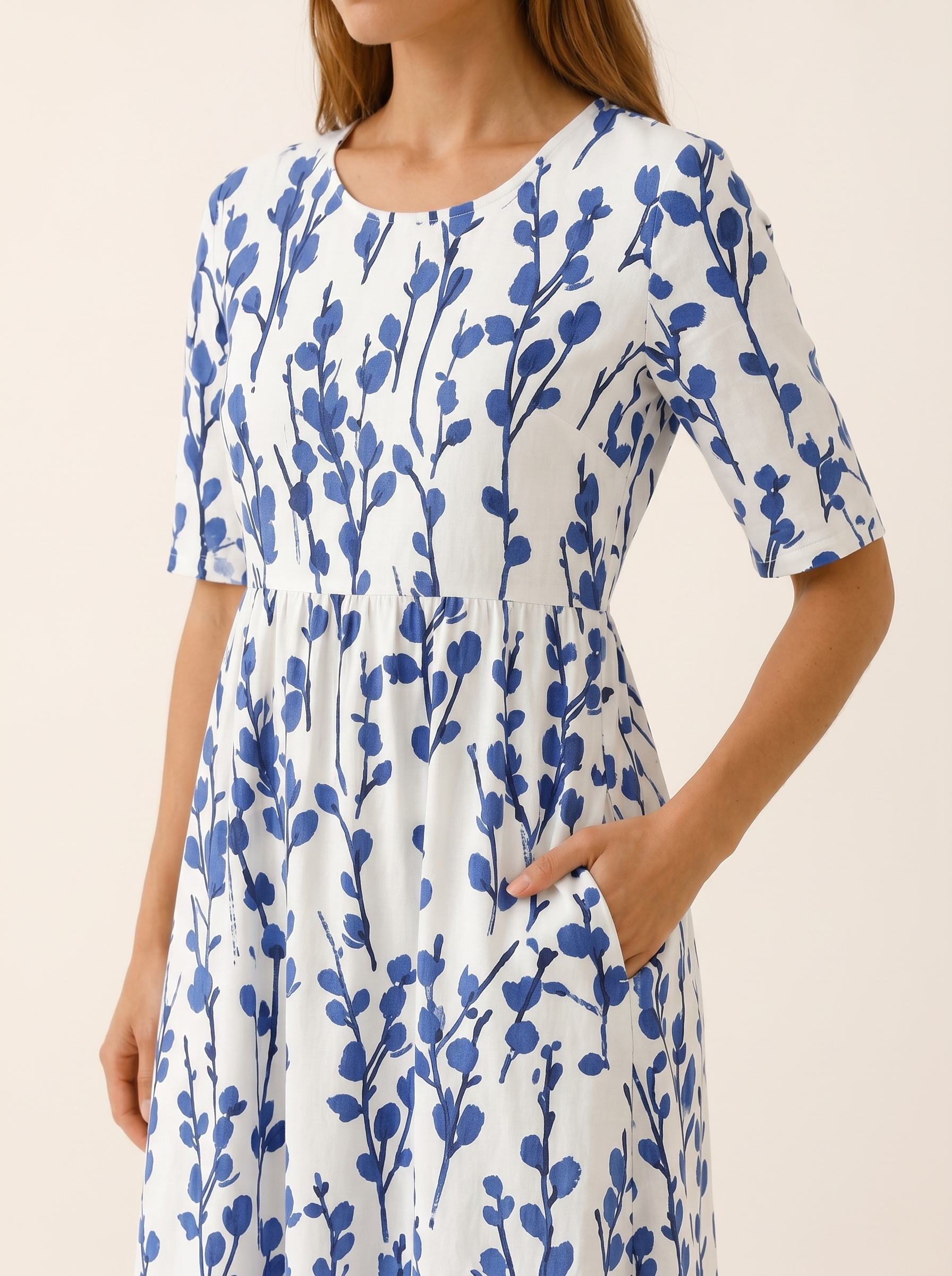 Melina | Botanical Print Midi Dress with Pockets