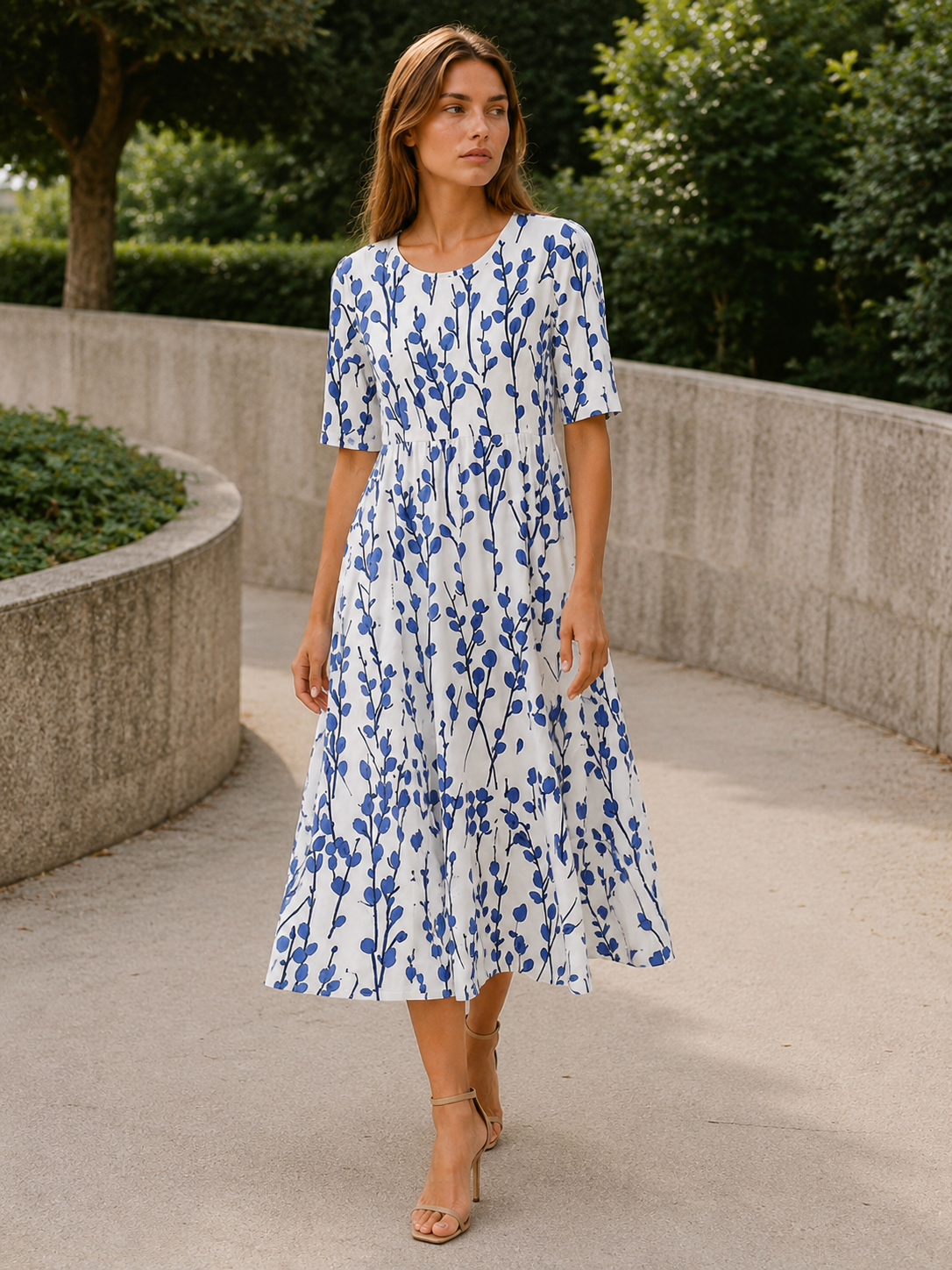 Melina | Botanical Print Midi Dress with Pockets