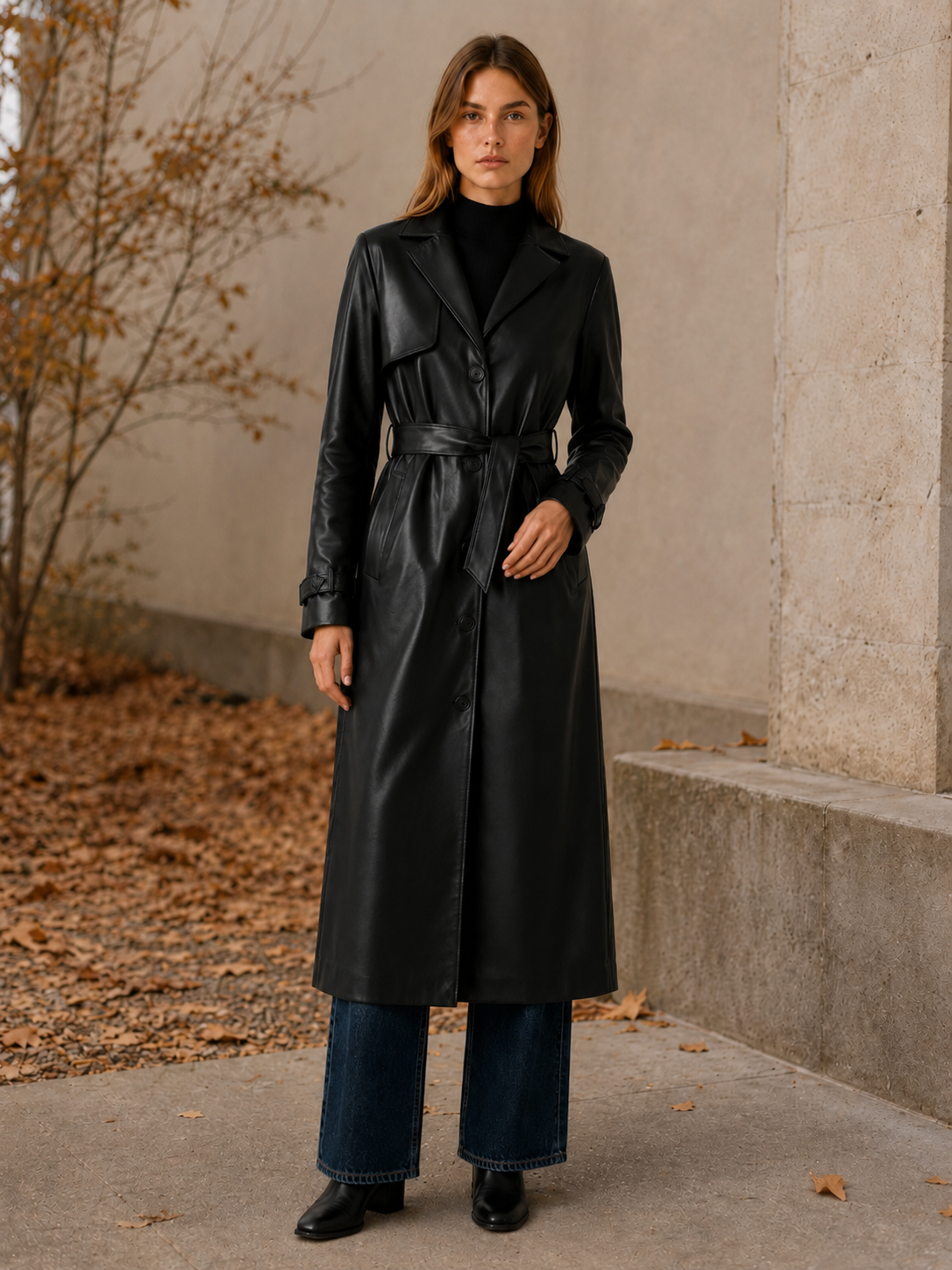Meliora | Long Trench Coat with Belted Waist and Button Front