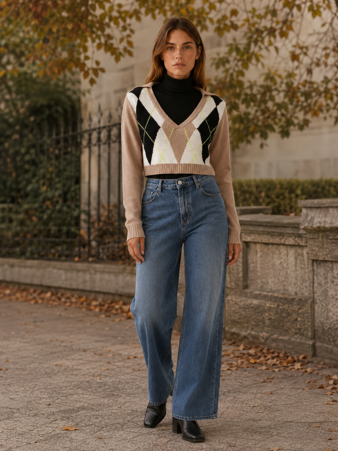 Meravie | Cropped Sweater with Argyle Pattern and V-Neck