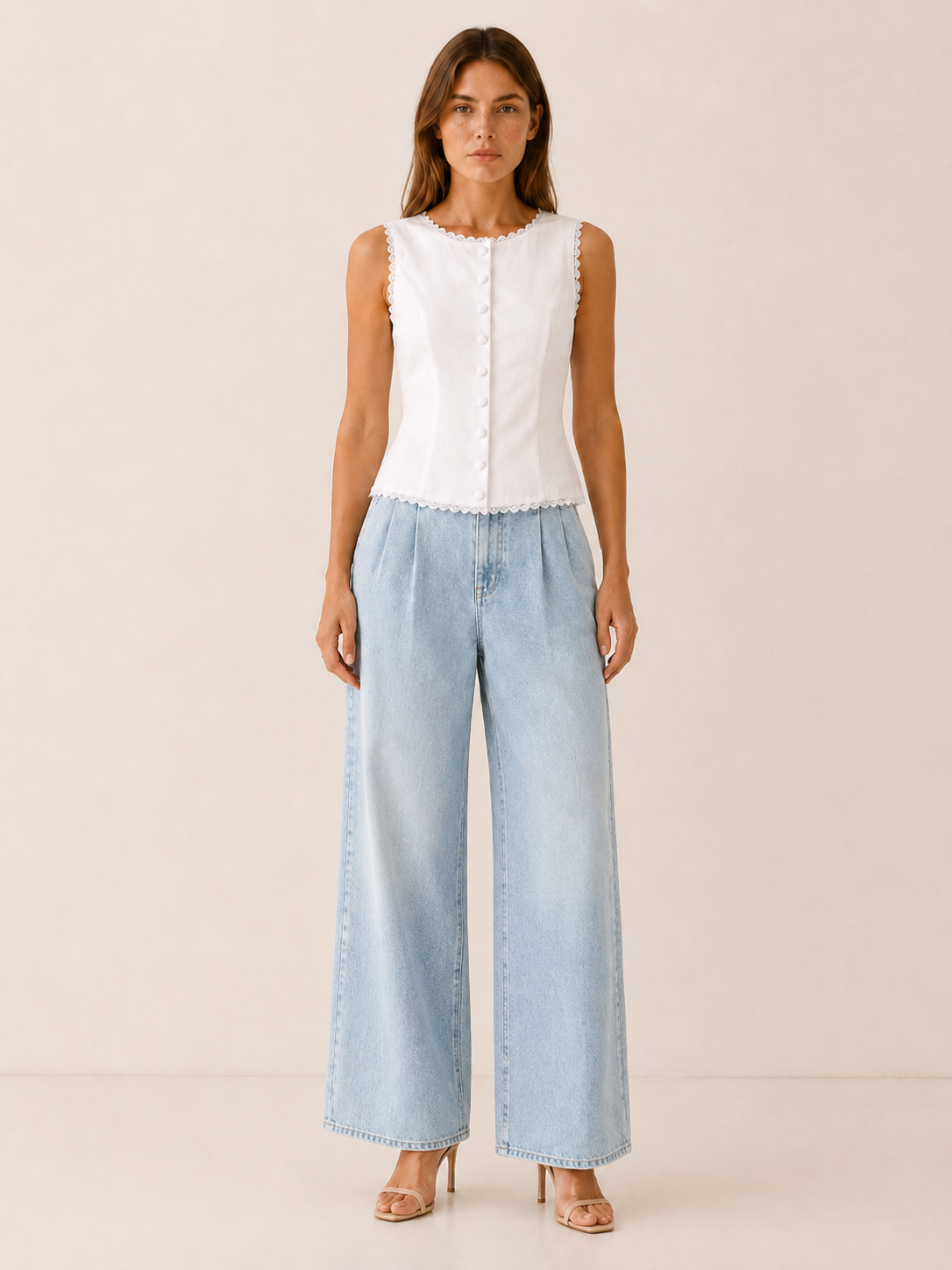 Mira | Button Vest with Boat Neck and Lace Trim