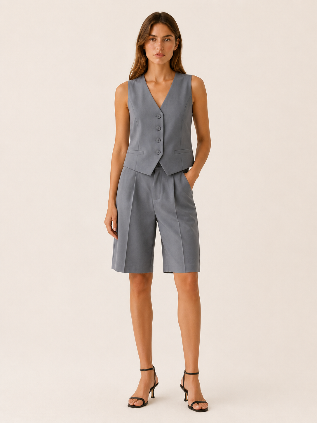 Mirela | Vest Shorts Set with Button Front