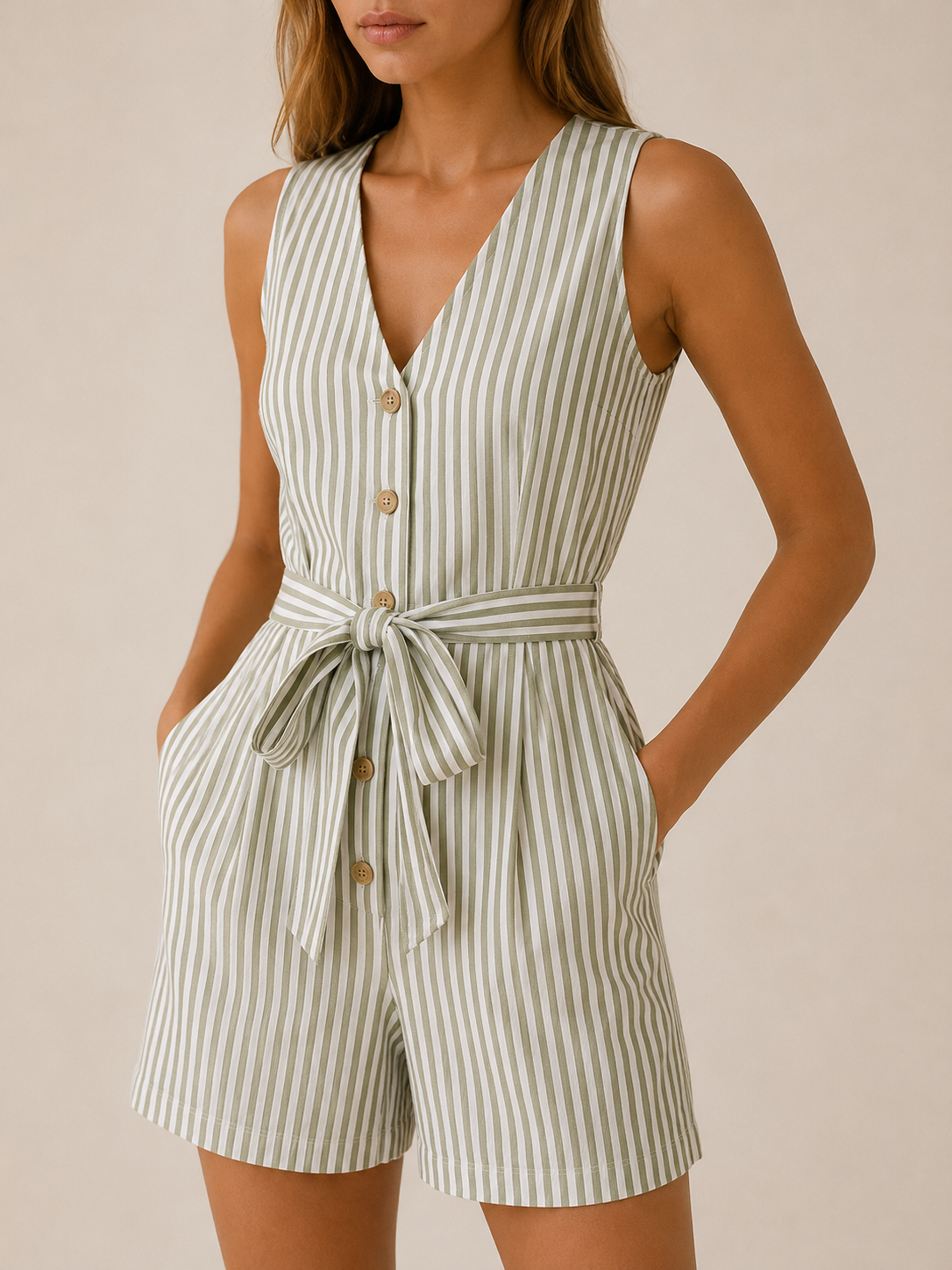 Miriam | Striped Playsuit with Tie Waist Button Front
