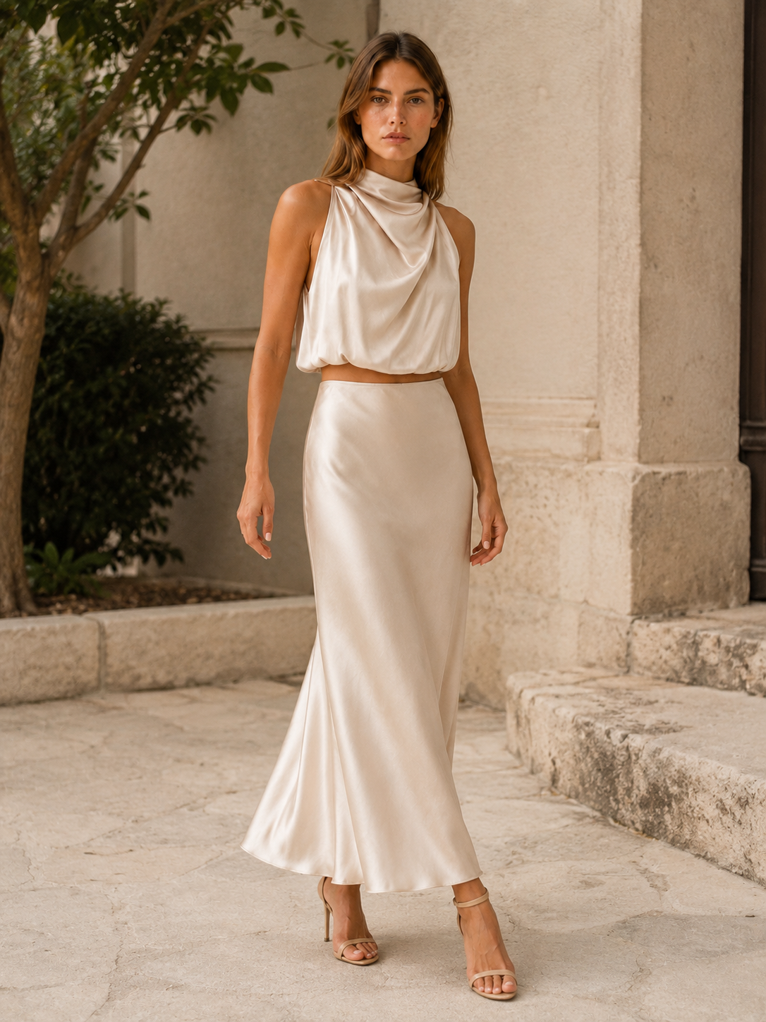 Moira | Satin Two Piece Set with Maxi Skirt