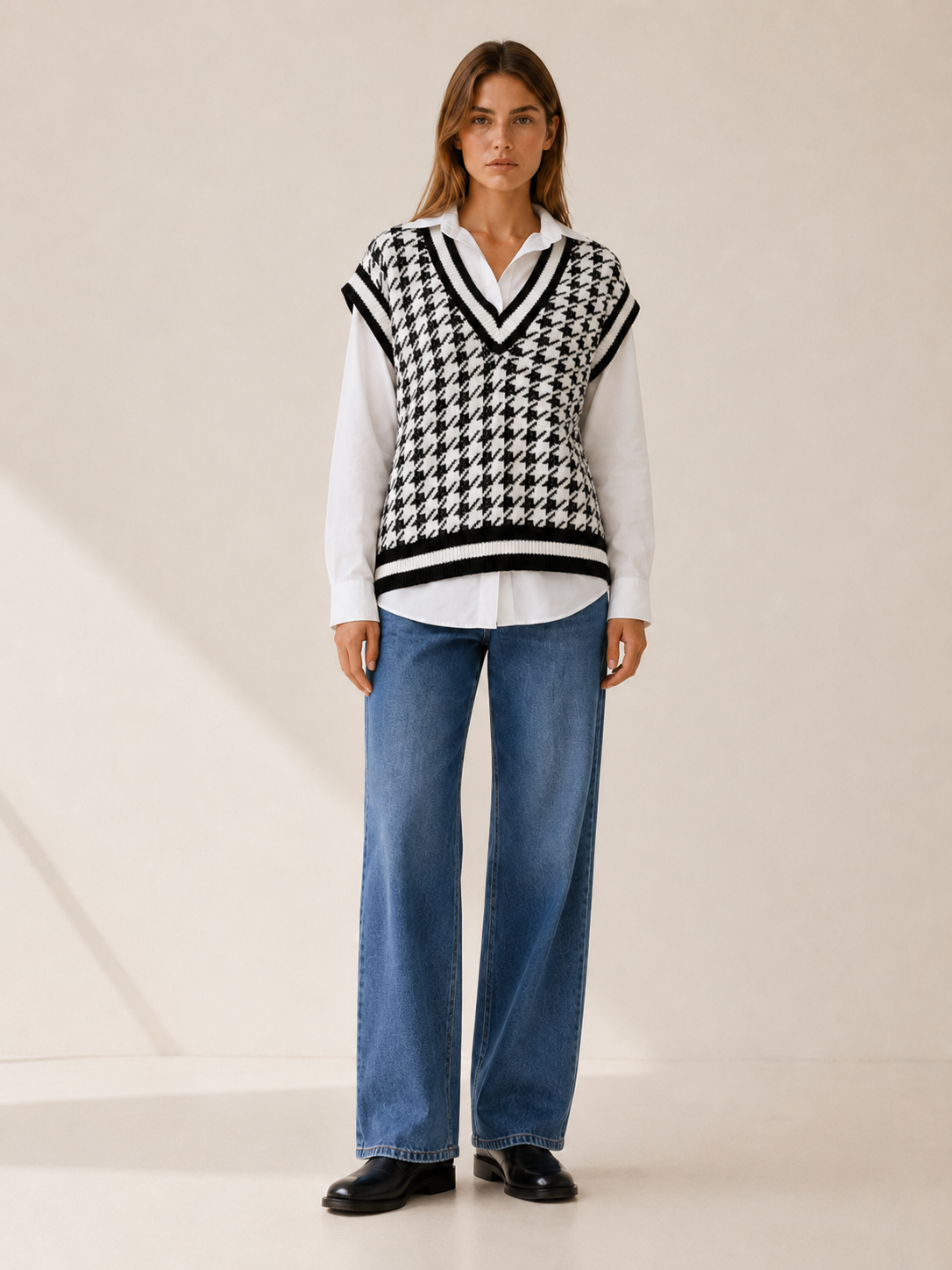 Morwenna | Jumper Vest with Houndstooth Pattern and V-Neck