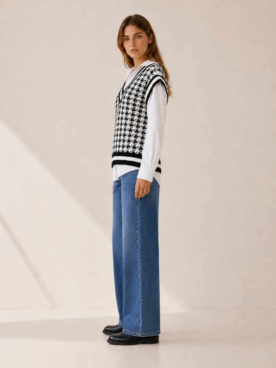 Morwenna | Jumper Vest with Houndstooth Pattern and V-Neck