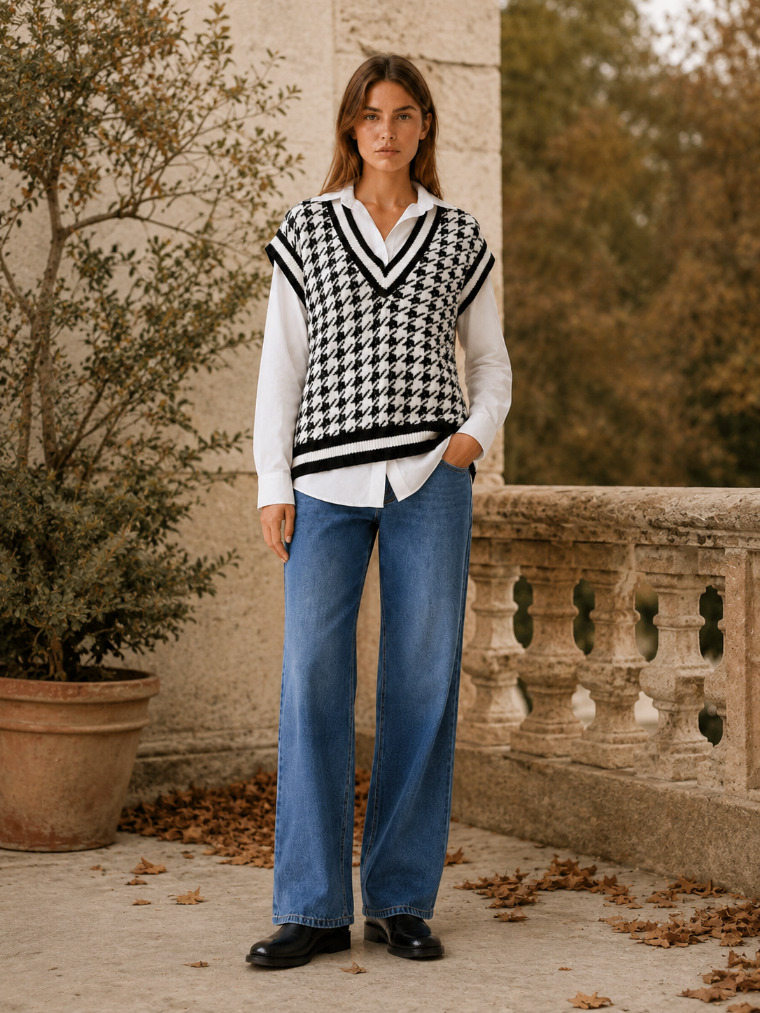 Morwenna | Jumper Vest with Houndstooth Pattern and V-Neck