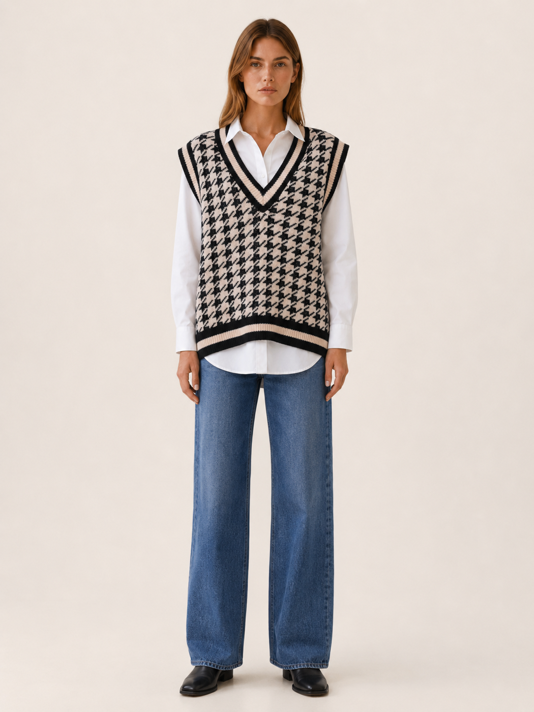 Morwenna | Jumper Vest with Houndstooth Pattern and V-Neck